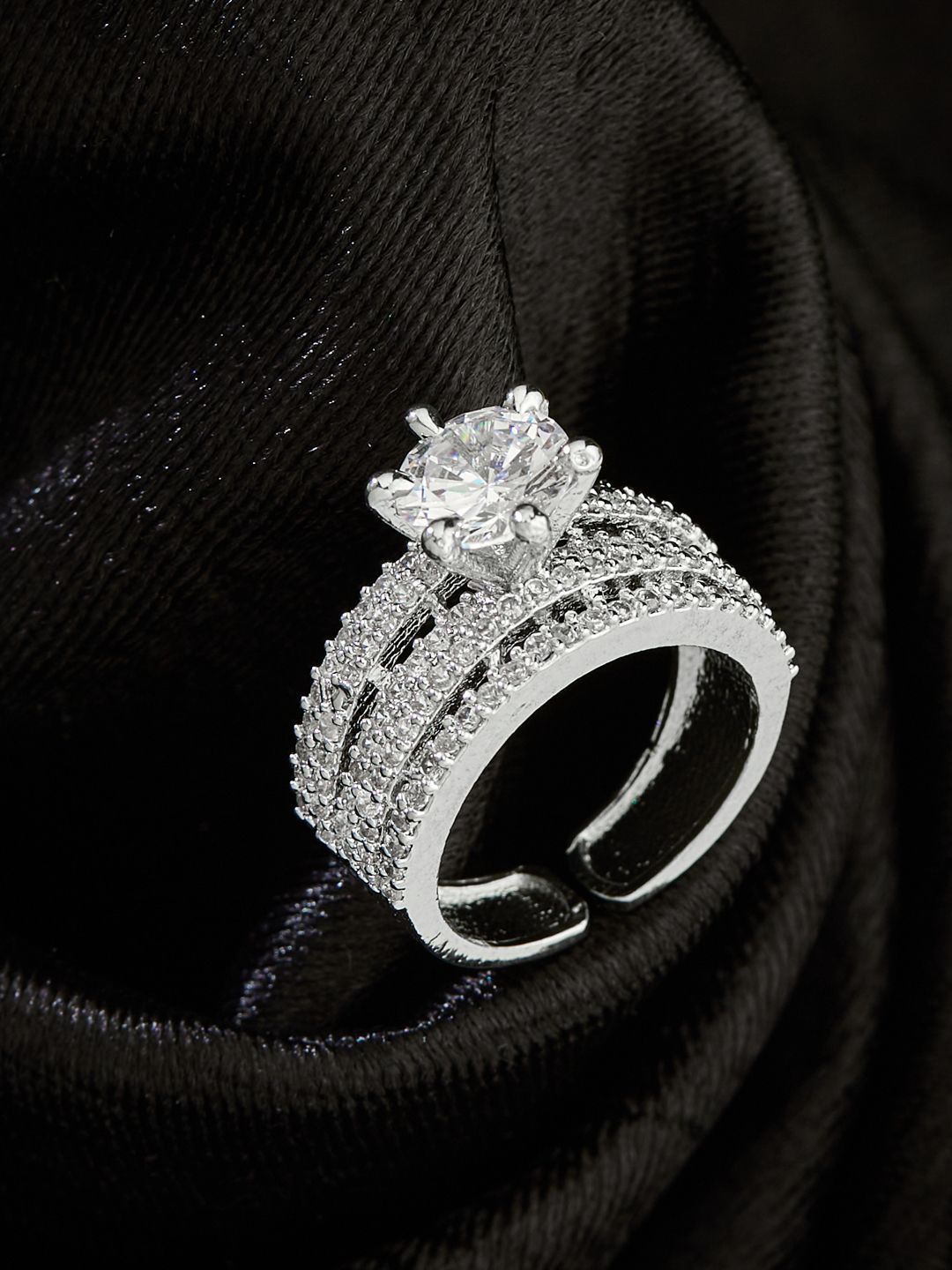 ATIBELLE Silver-Plated Cubic Zirconia-Studded Adjustable Finger Ring