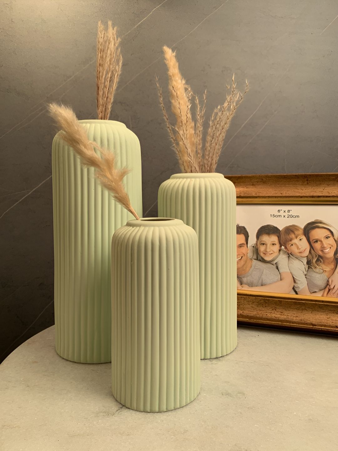 Kreative Arts Set Of 3 Sea Green Ribbed Design Ceramic Flower Vases-image-10