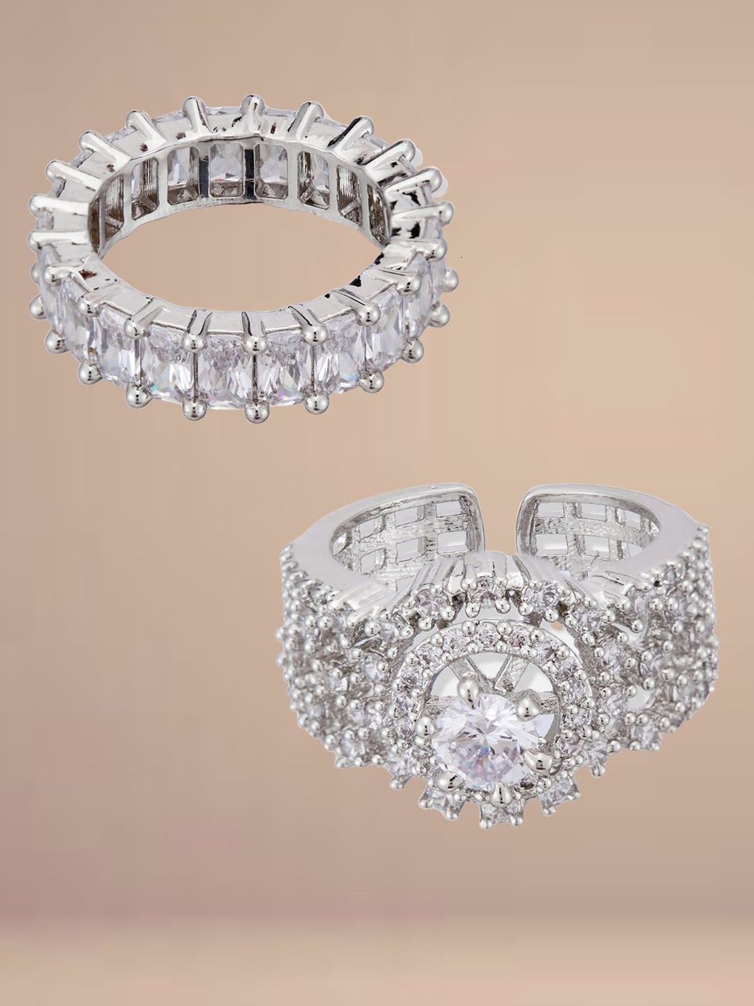 ATIBELLE Set Of 2 Silver-Plated Cubic Zirconia-Studded Adjustable Finger Ring