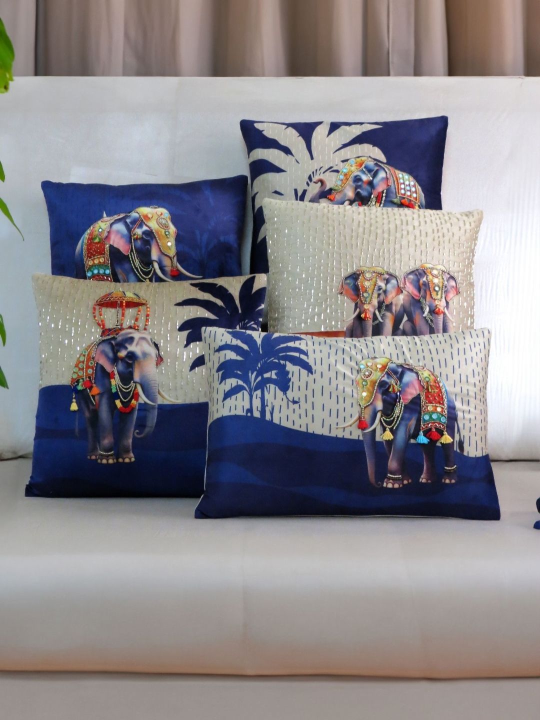 Mid July Home Navy Blue & White 5 Pcs Ethnic Motifs Velvet Square Cushion Covers-image-5