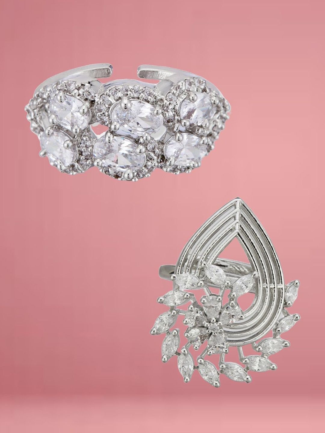 ATIBELLE Set Of 2 Silver-Plated Cubic Zirconia-Studded Adjustable Finger Ring