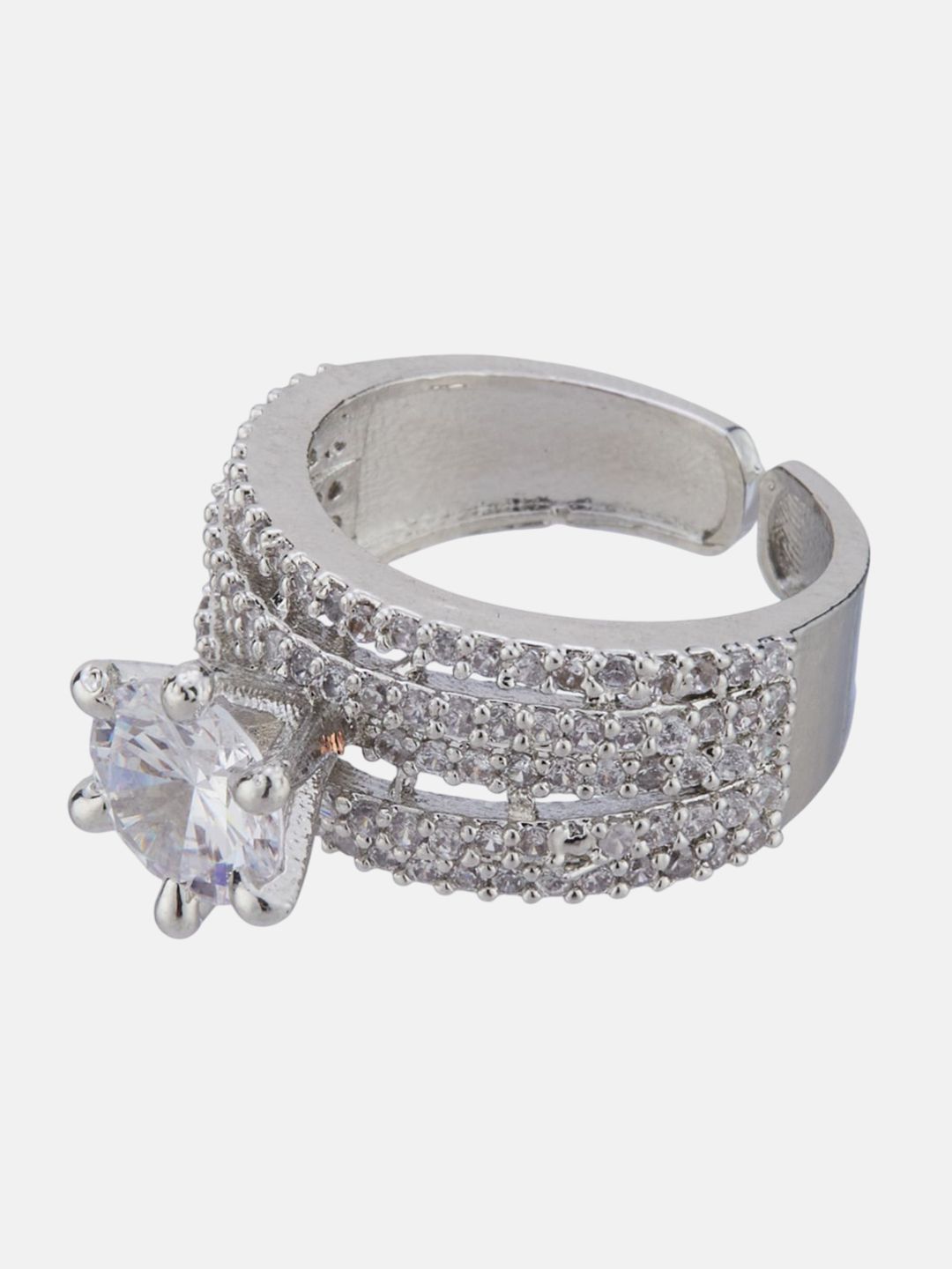 ATIBELLE Silver-Plated Cubic Zirconia-Studded Adjustable Finger Ring