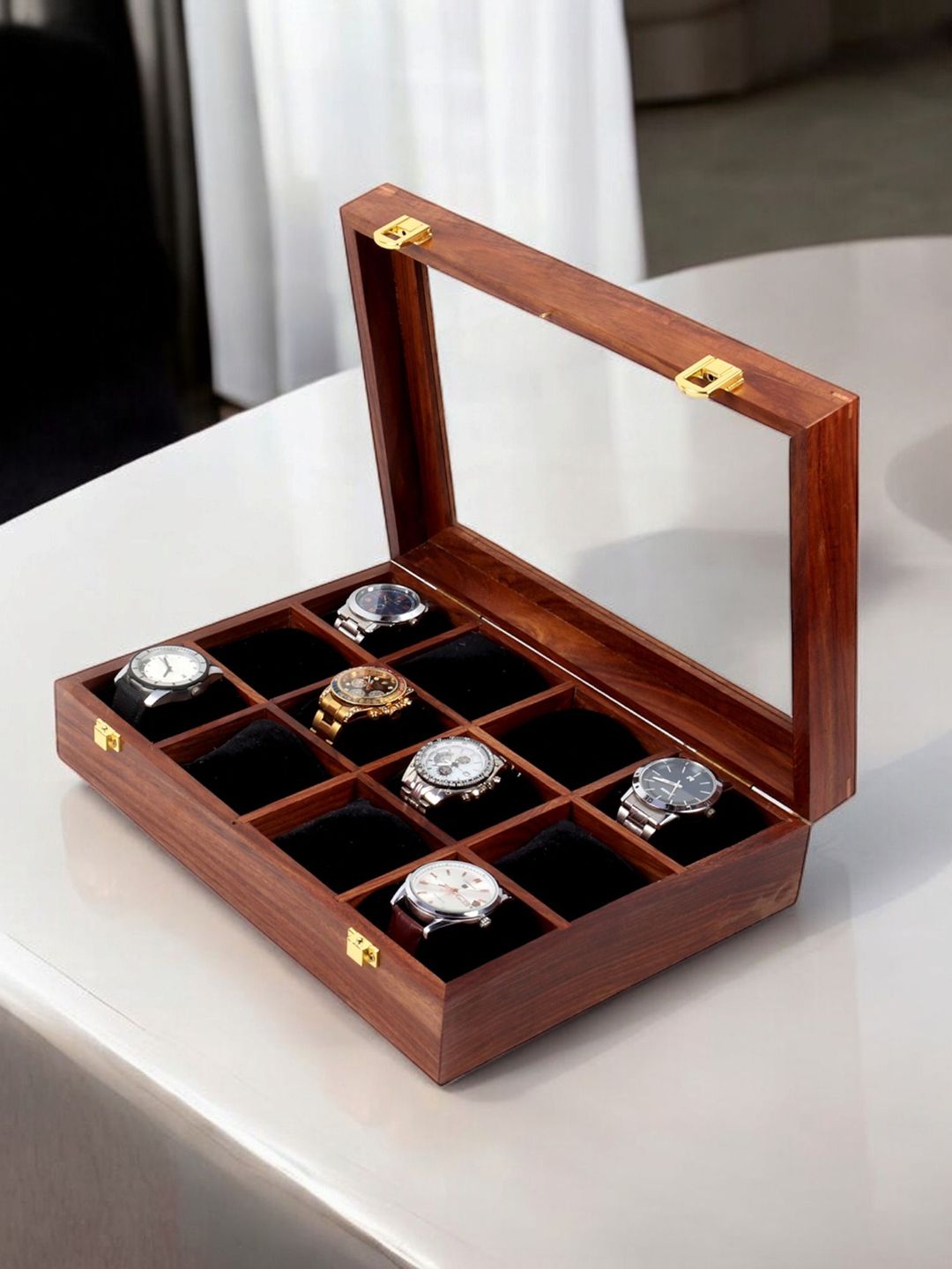 Creation India Craft Brown 12 Slots Wooden Watch Organiser-picture-17