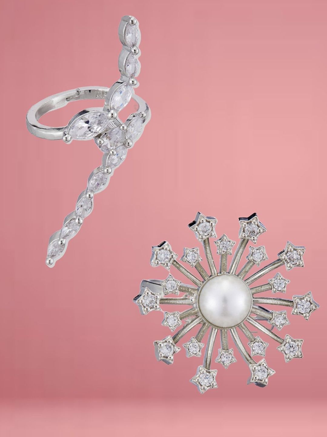 ATIBELLE Set Of 2 Silver-Plated Cubic Zirconia-Studded & Beaded Adjustable Finger Ring