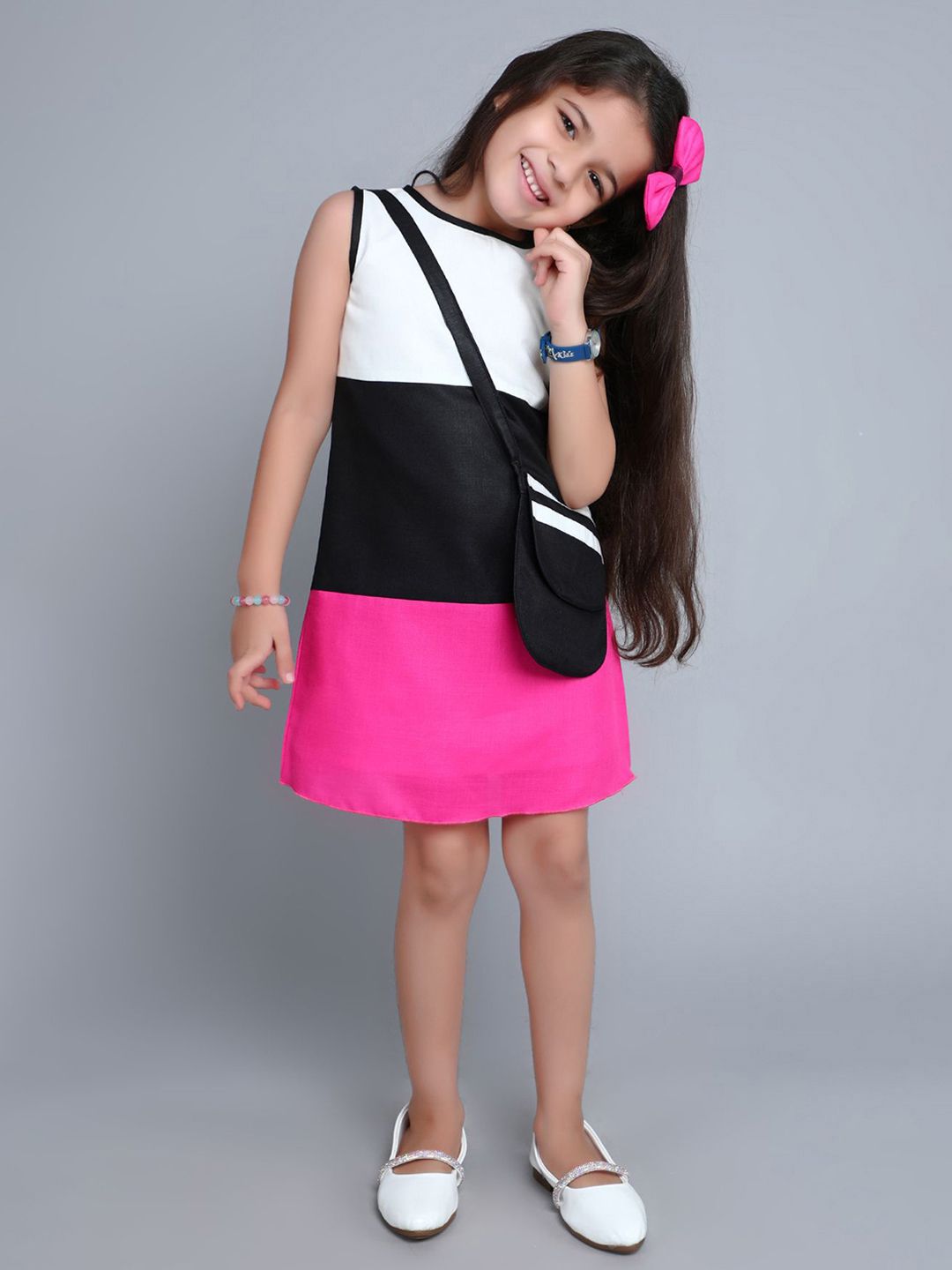 Pink Chick Girls Colourblocked Cotton Shift Dress With Matching Sling & Bow Clip-picture-34