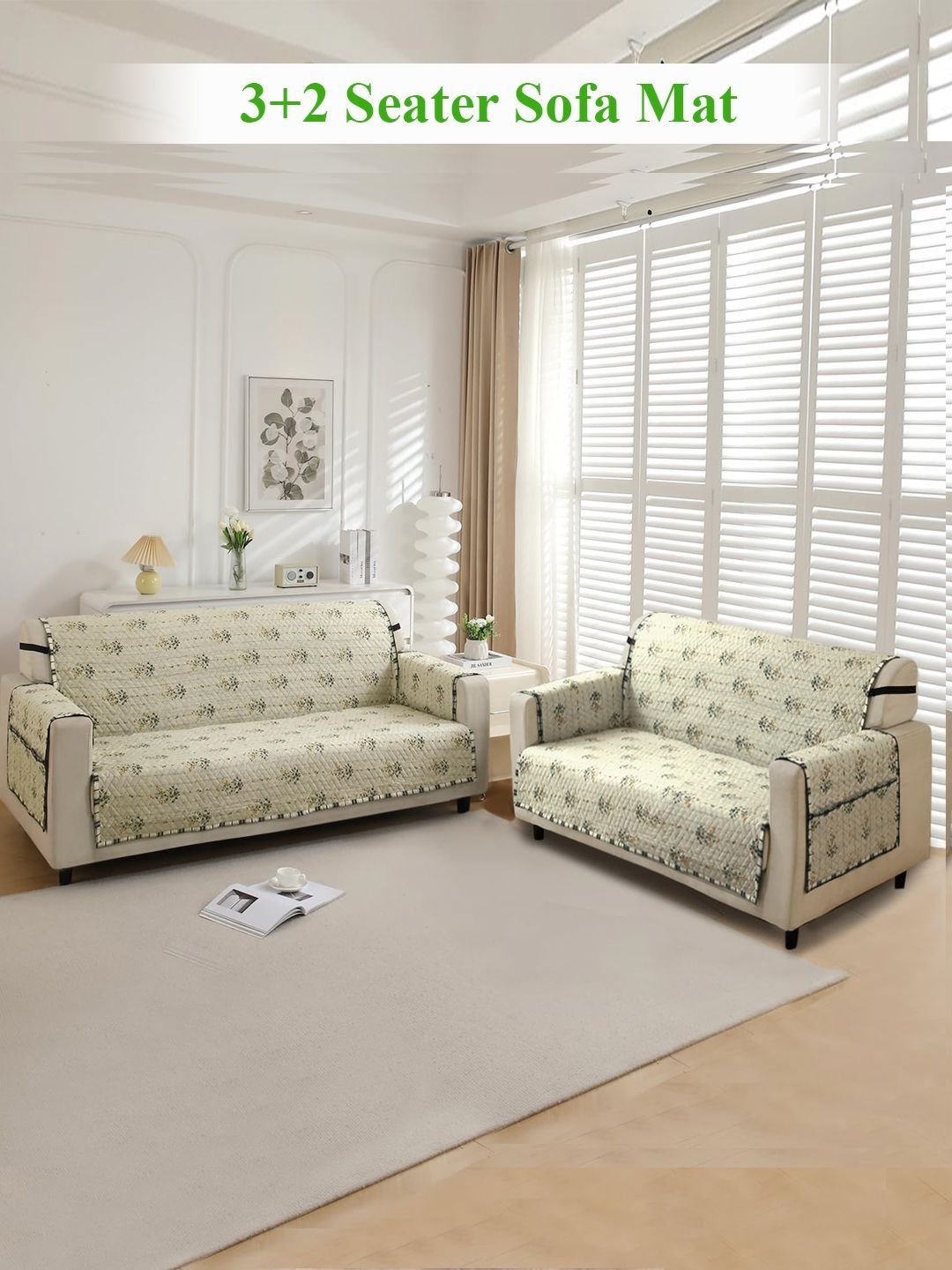 HOKIPO Light Green Ash Gypsy Flower Print Quilted 5 Seater Sofa Mat with Pockets-image-30