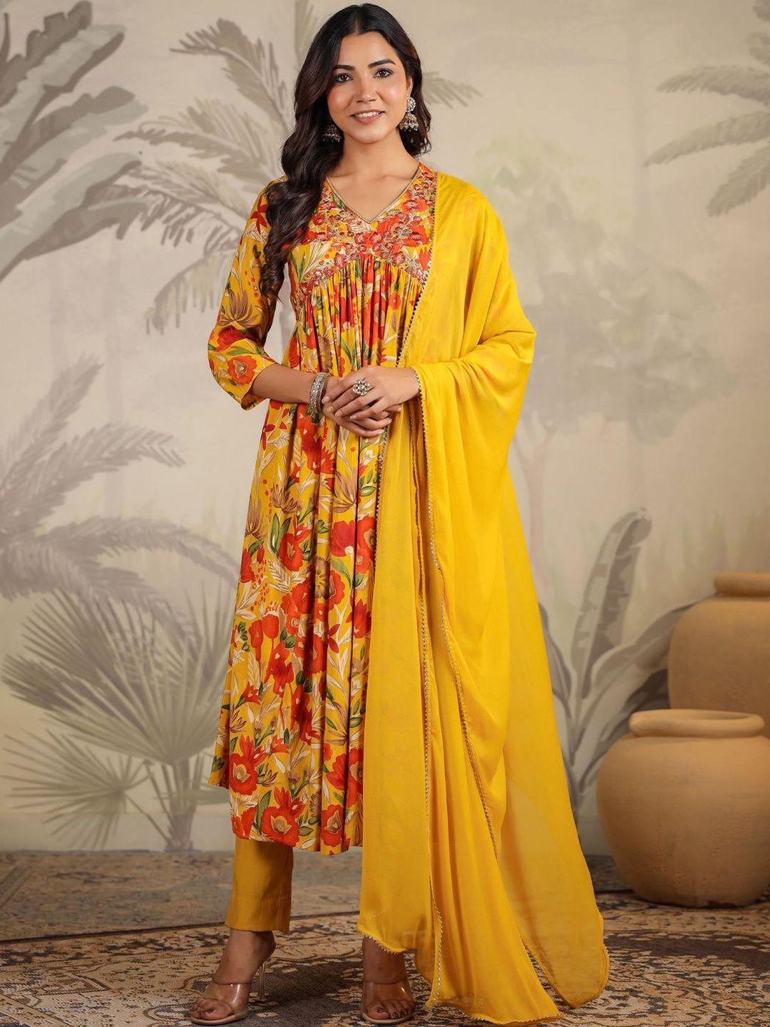 KALINI Women Floral Printed Empire Thread Work Chanderi Silk Kurta with Trousers & With Dupatta-image-28