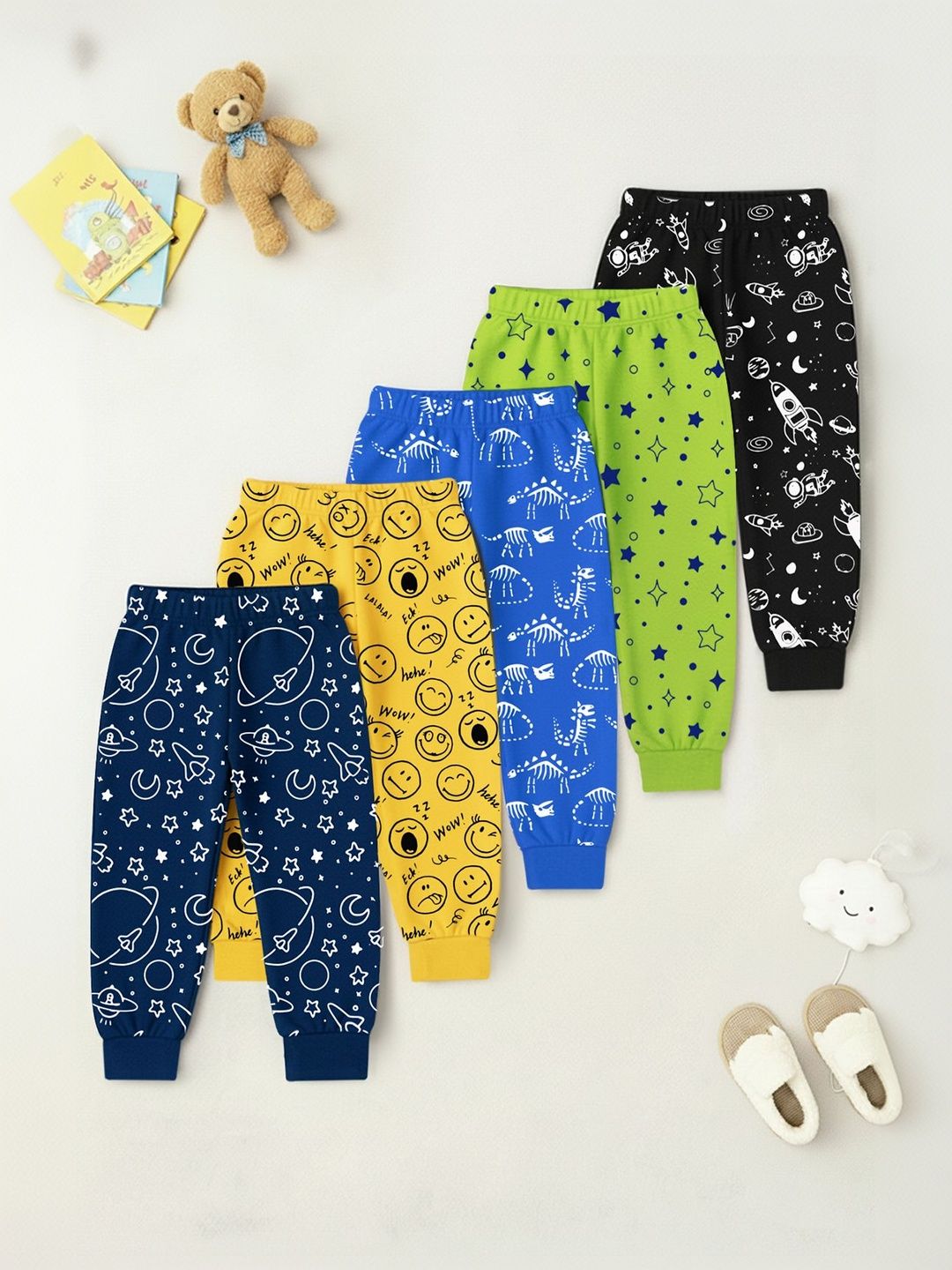 yk x trampoline YK X Kids Trampoline Pack Of 5 Printed Cotton Mid-Rise Joggers Lounge Pants-picture-11