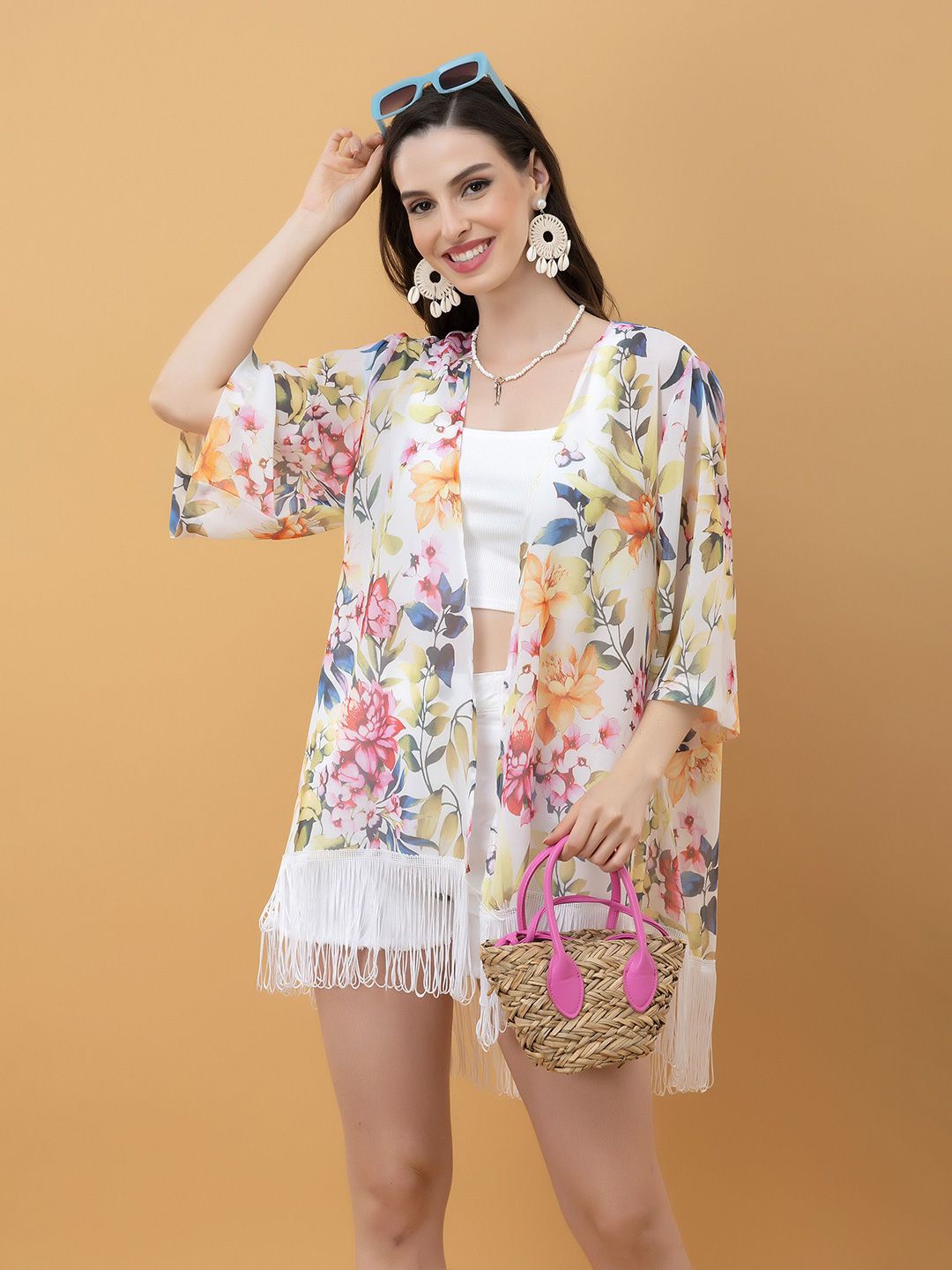 PURYS Women Floral Printed Longline Shrug With Tasselled Hem-image-18