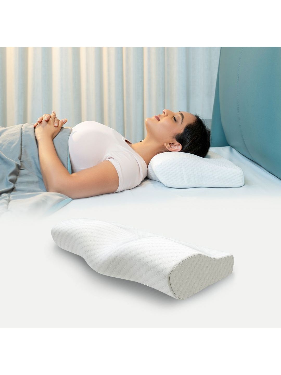 WELLGIVER White Solid Polycotton Neck Rest Medium Memory Foam Filled Sleep Pillow-picture-24