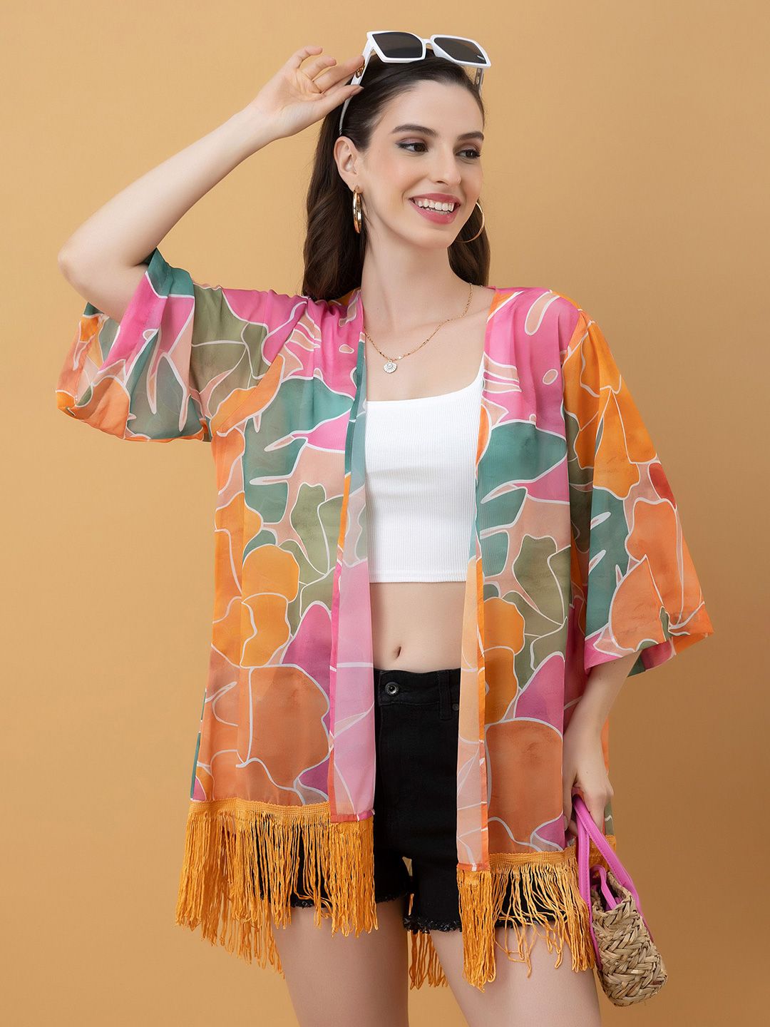 PURYS Women Abstract Printed V-Neck Tasselled Longline Shrug-image-30