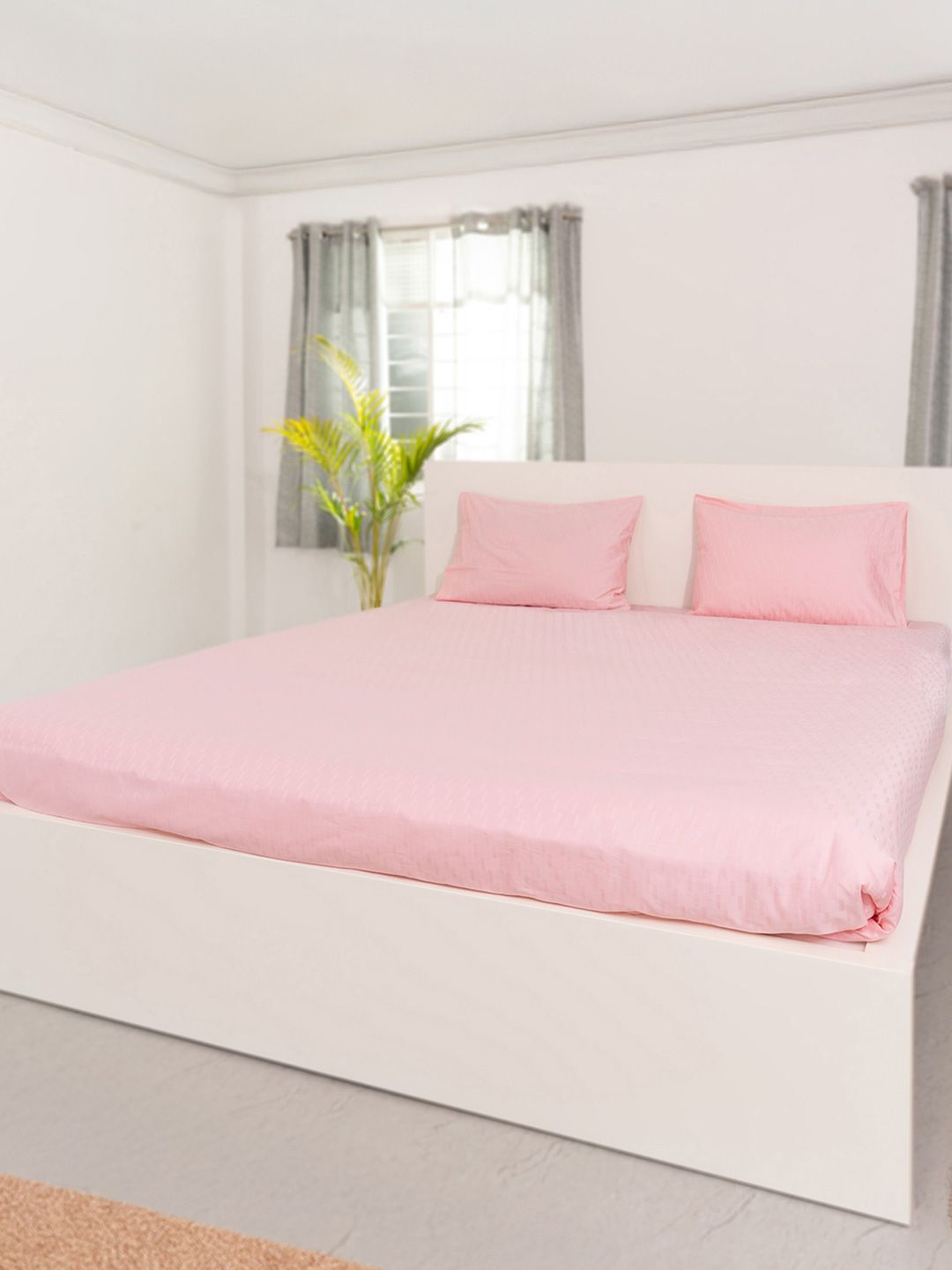 Oyvu Pink Self Design Cotton Soft Feel 300TC Queen Bedsheet & 2 Covers 108" x 90"-image-41
