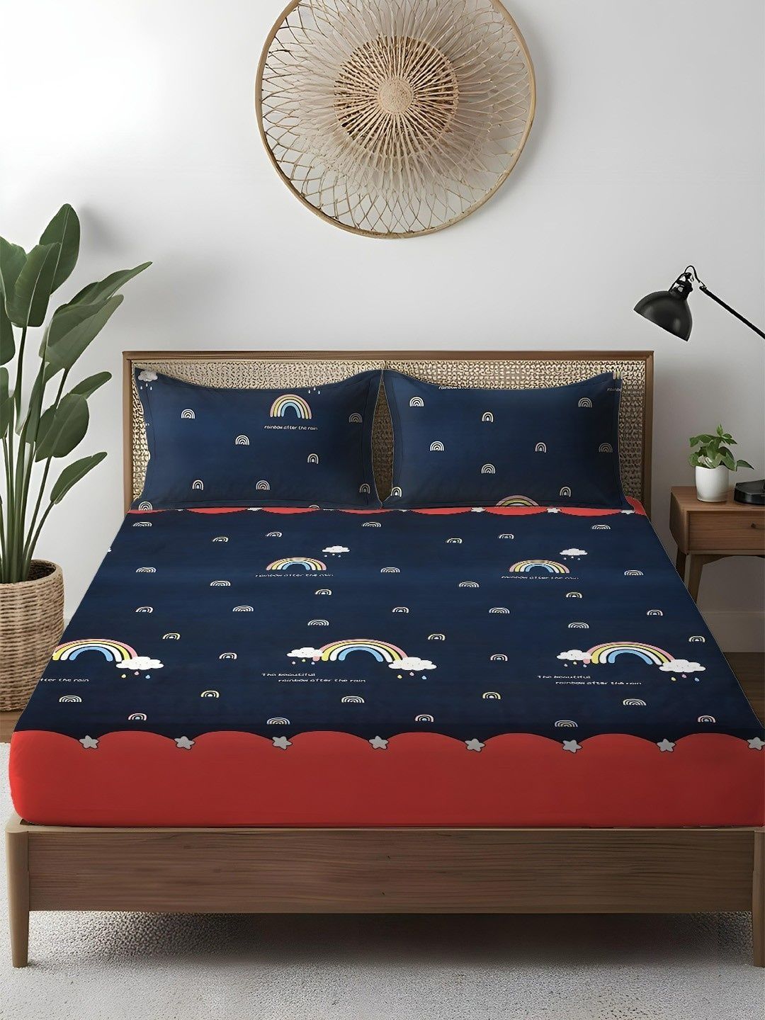 WEAVE AND DECOR Navy Blue Conversational 300 TC King Bedsheet with 2 Pillow Covers-image-23