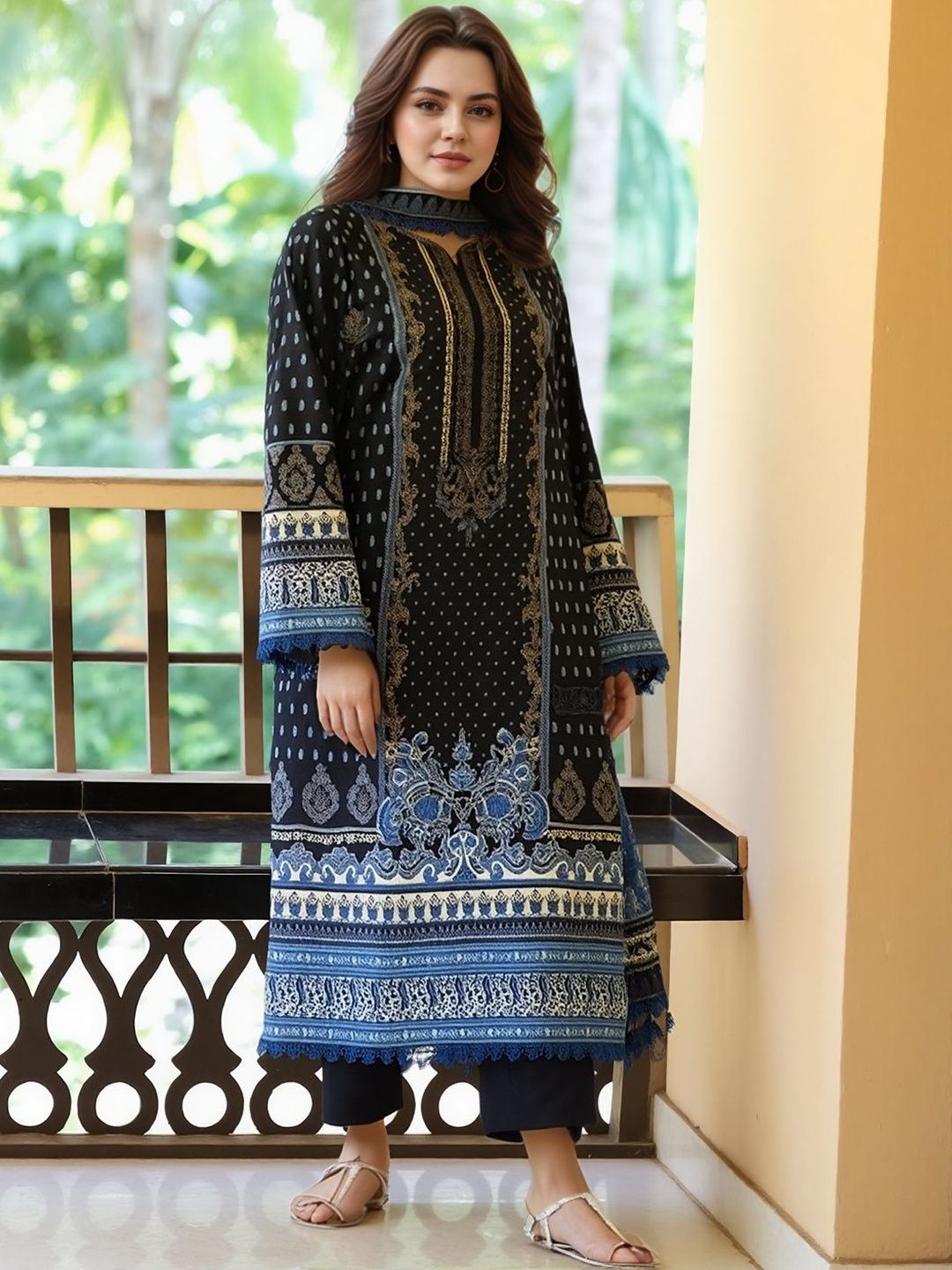 GoSriKi Women Ethnic Motifs Printed Regular Thread Work Kurta with Trousers-picture-33