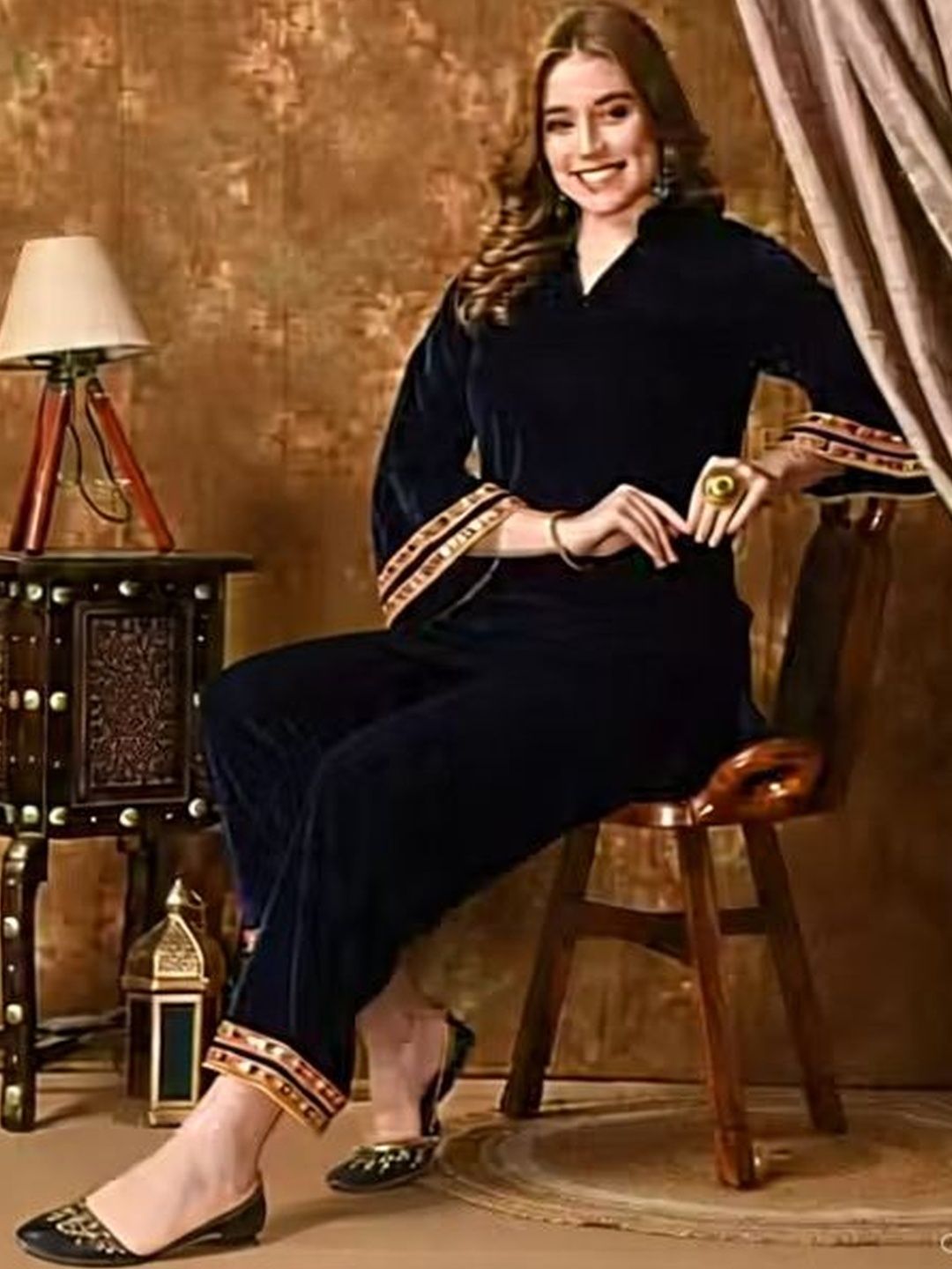 Moda Rapido Velvet Mandarin Collar Neck Top With Trousers Co-Ords-picture-14