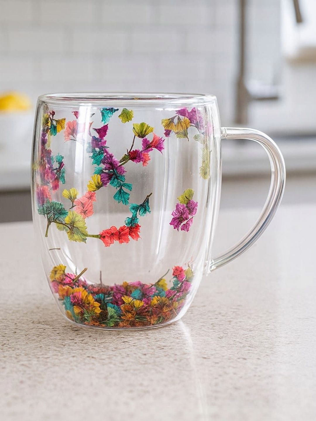 SIPIQUE Transparent Dishwasher Safe Floral Glass Mugs