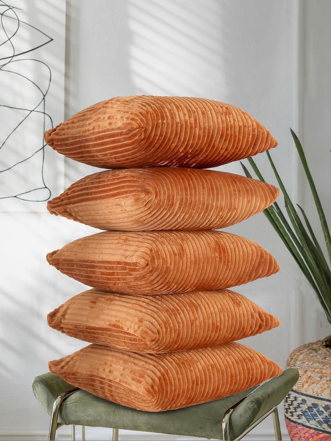 RD TREND Gold-Toned Set of 5 Striped Square Cushion Covers-image-48