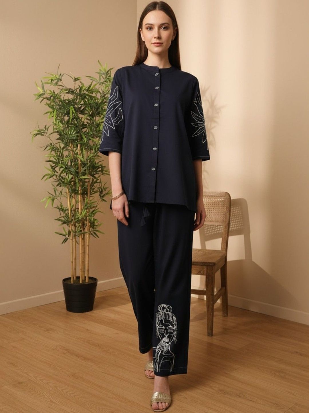 ZUMMER Embroidered Pure Cotton Mandarin Collar Shirt & Trousers Co-Ords-picture-29