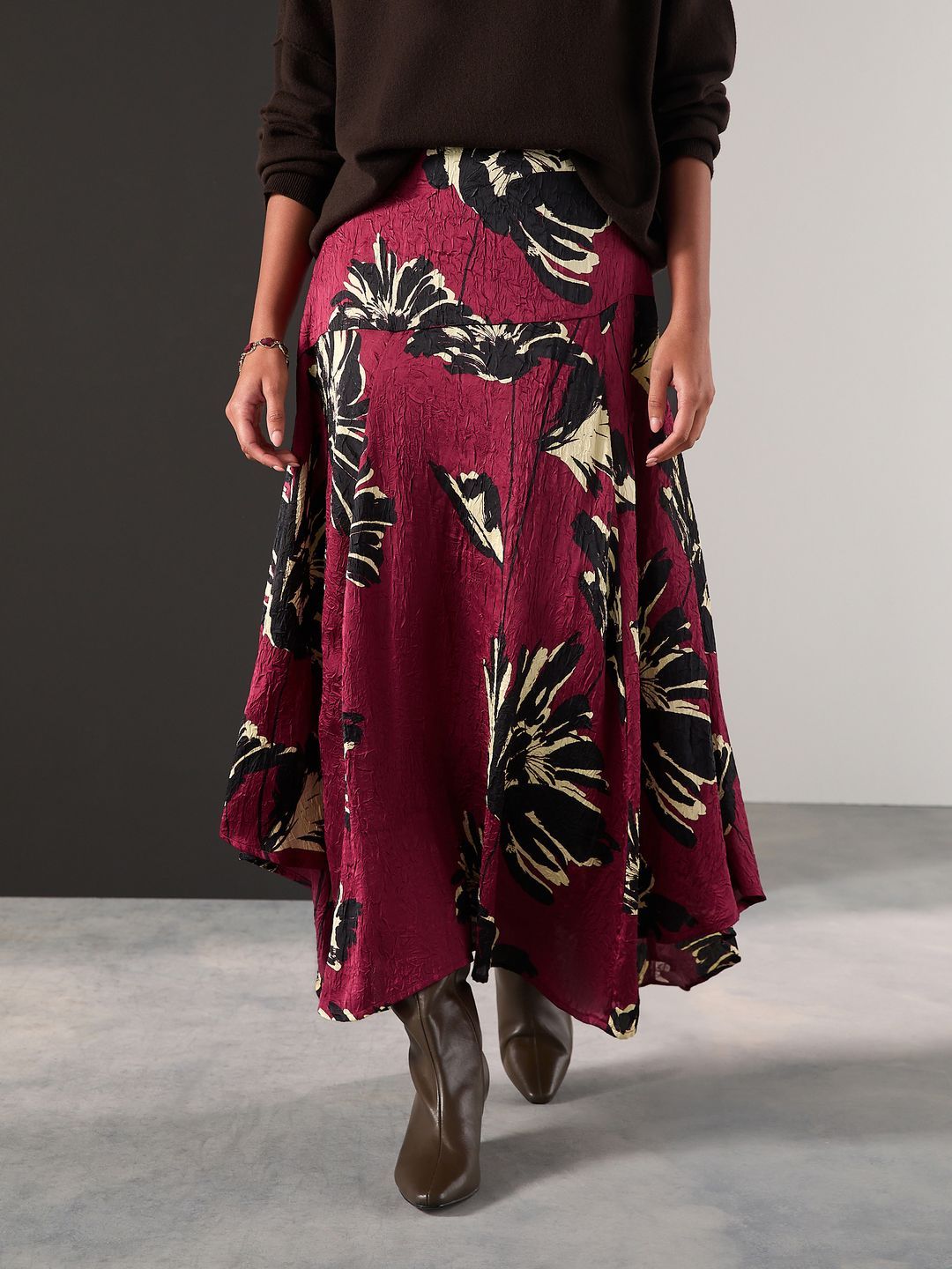 NEXT Floral Printed Crinkle Satin Asymmetric Midi Skirt