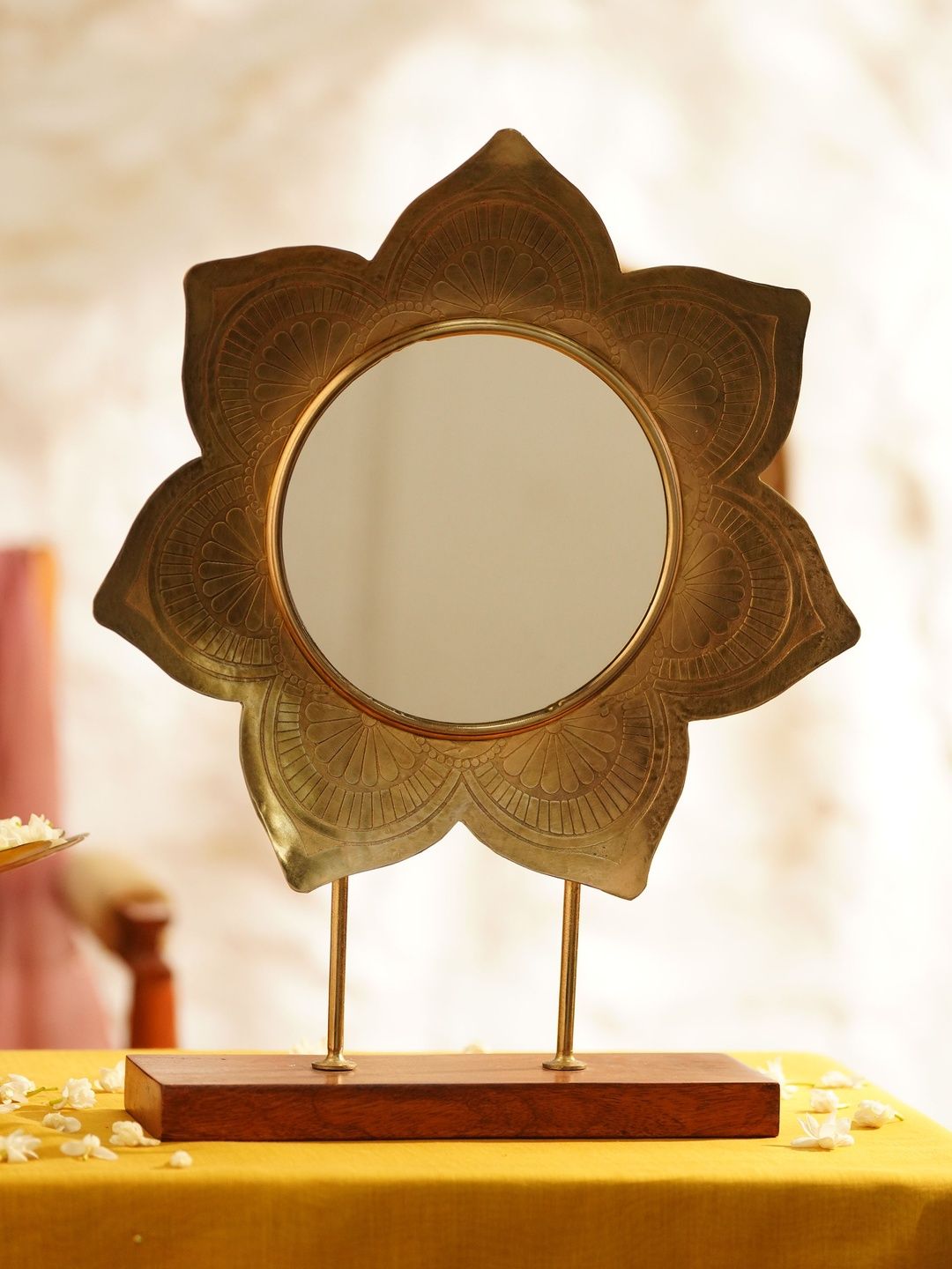 JAYPORE Yellow & Brown Textured Glass & Metal Table Top Mirror-picture-10