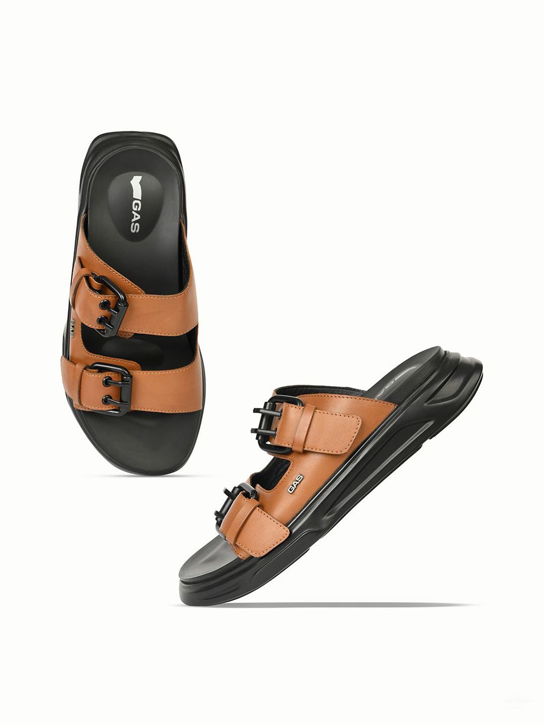 GAS Men Tan Tier Buckle Slip On Sandals