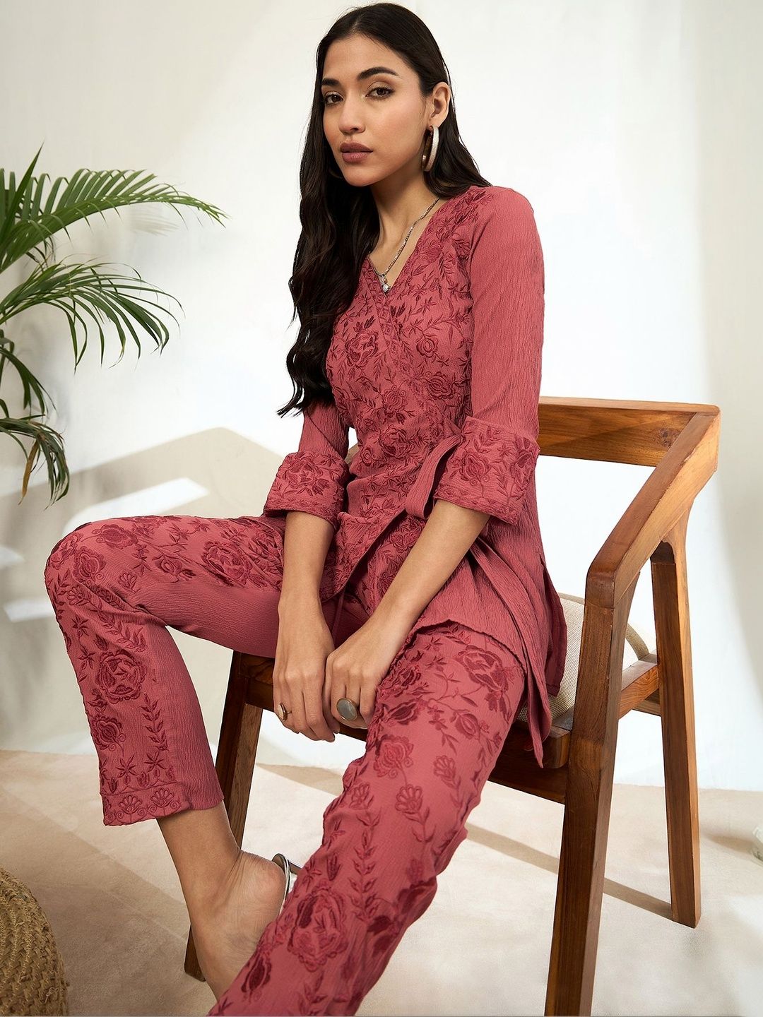 HERE&NOW Embroidered V-Neck Tunic With Trousers Co-Ords-picture-22
