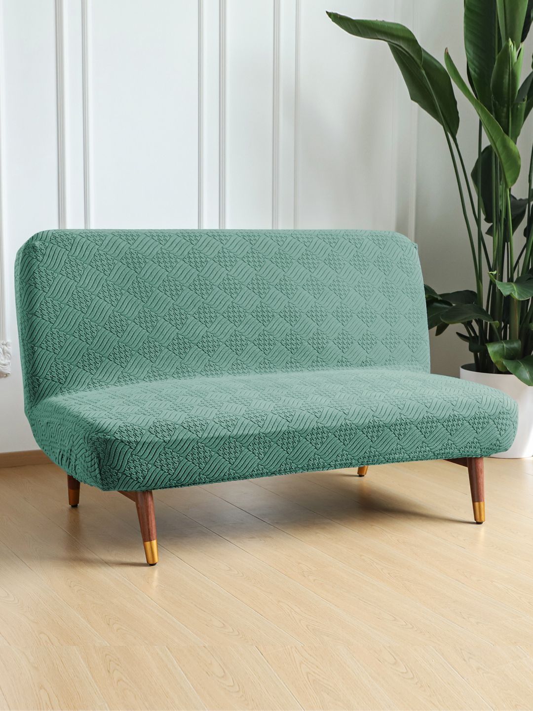 HOKIPO Green Armless Stretchable Spandex Jacquard Futon Slipcover Sofa Cum Bed Cover-picture-48