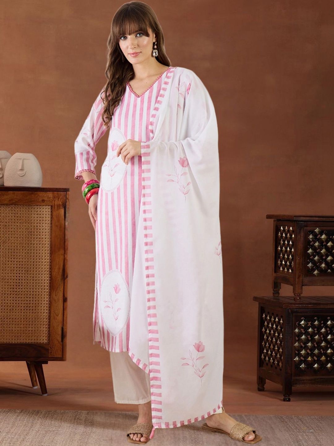 Indo Era Women Striped Regular Thread Work Linen Kurta with Trousers & With Dupatta-picture-17