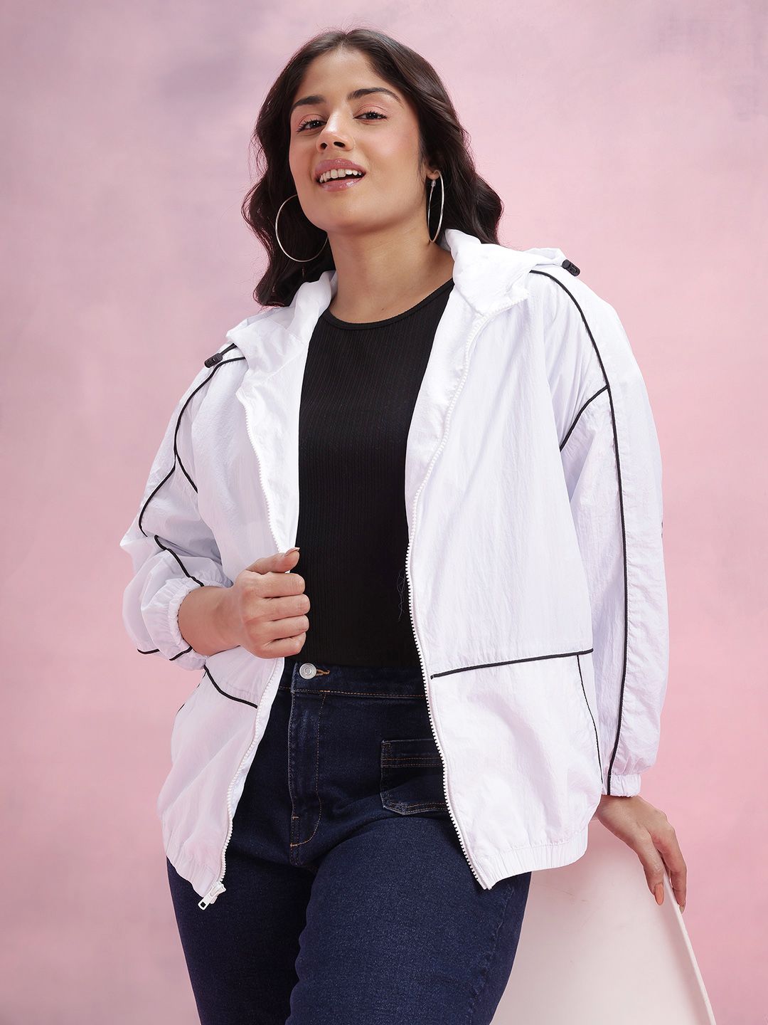 DressBerry Curve Hooded Bomber Jacket with Contrast Piping-image-26