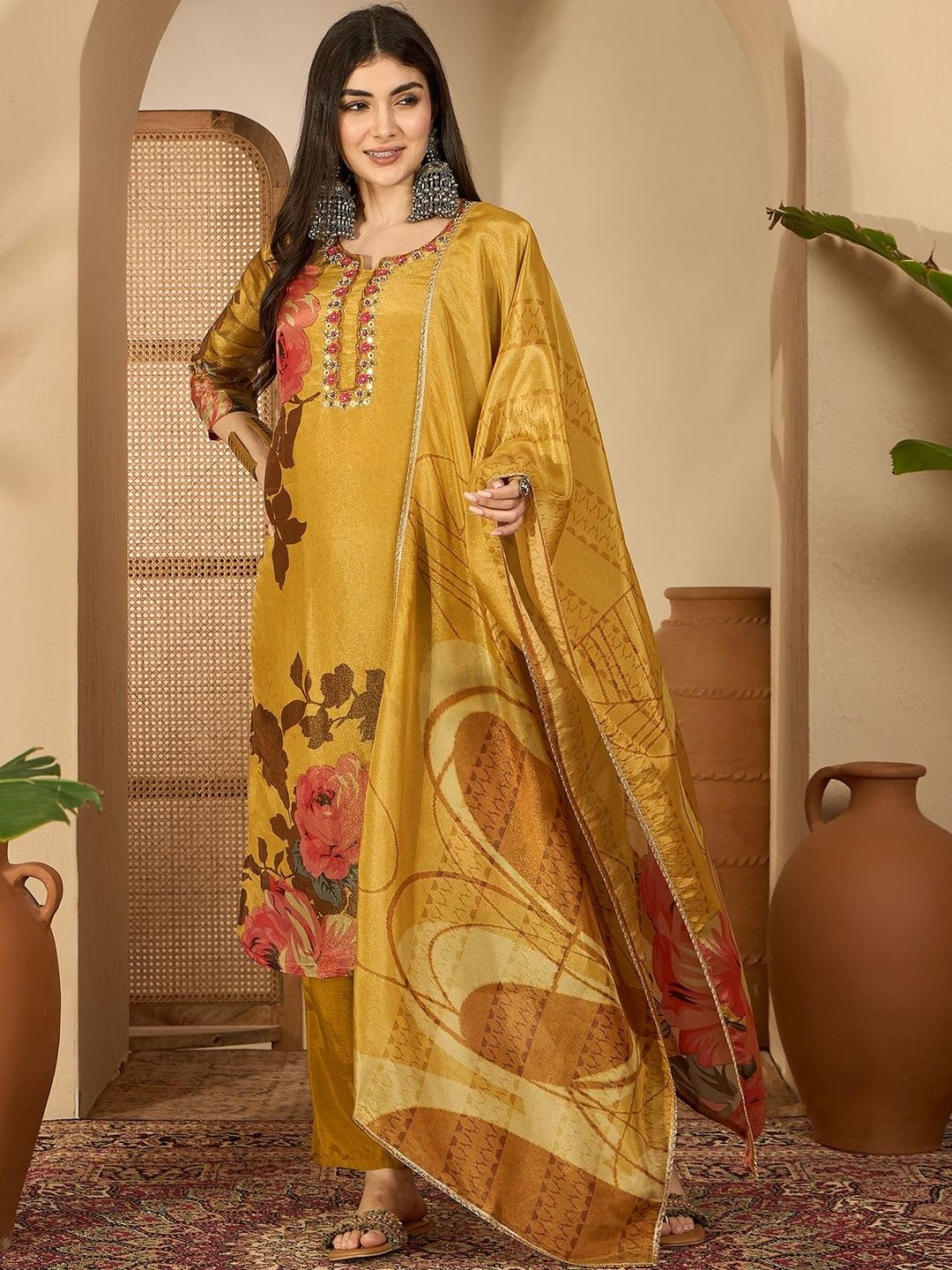 Sangria Floral Printed Round Neck Straight Kurta & Trousers With Dupatta-picture-37