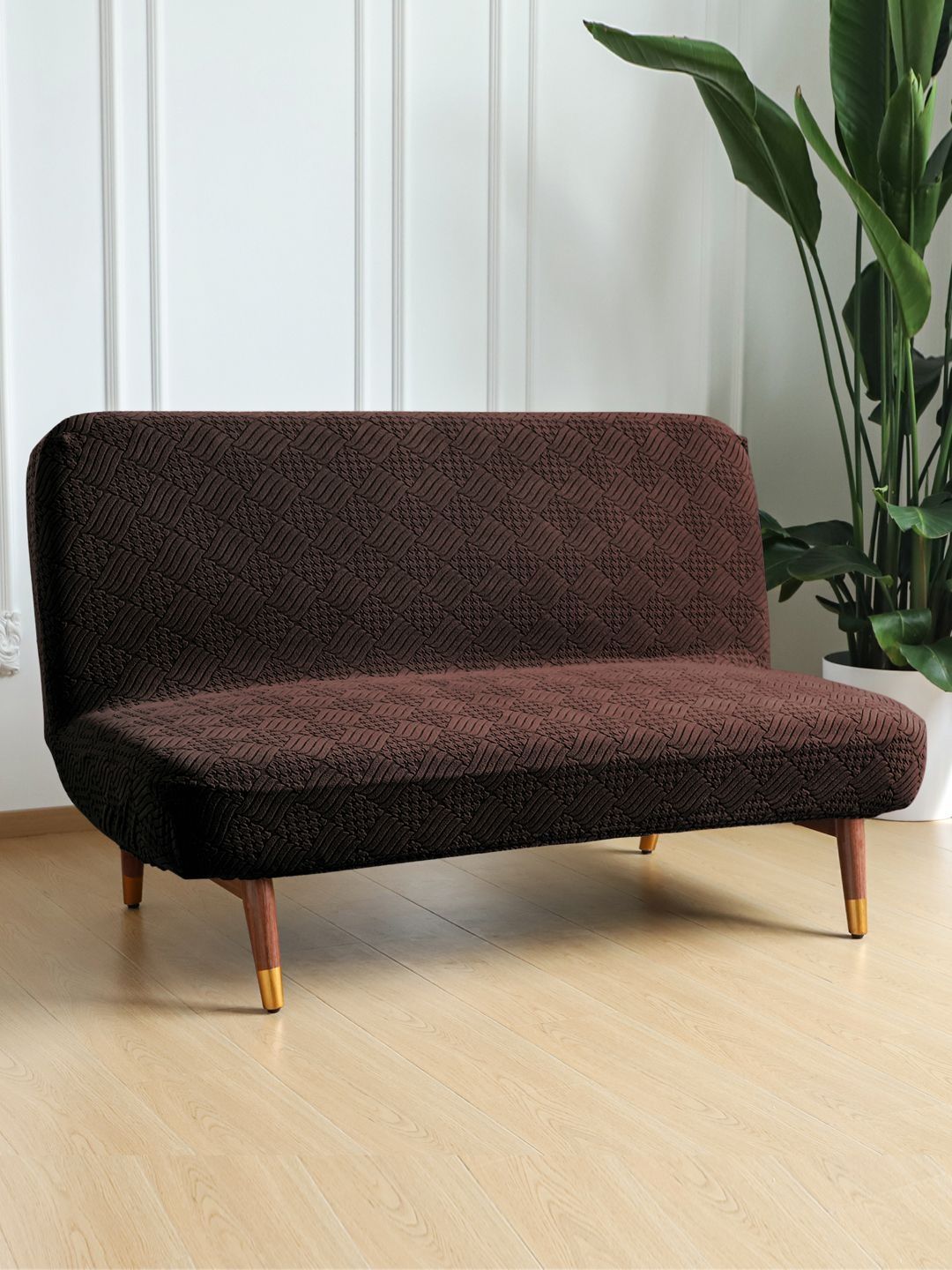 HOKIPO Brown Armless Sofa Cum Bed Cover Stretchable Spandex Jacquard Futon Slipcover-picture-17