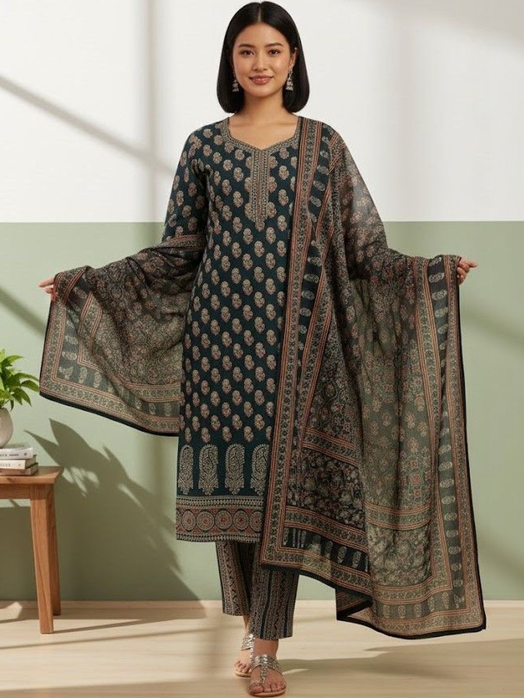 SZN Women Ethnic Motifs Printed Regular Pure Cotton Kurta with Trousers & With Dupatta-image-30