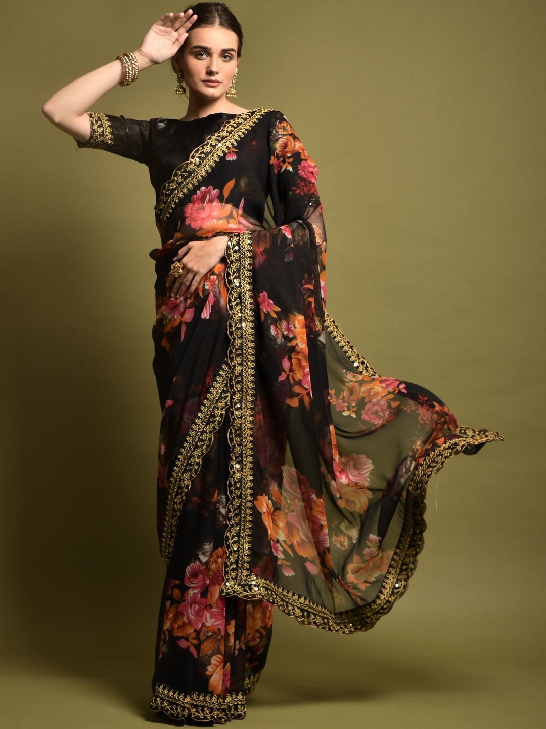 CaniBani Floral Embroidered Pure Chiffon Heavy Work Saree-picture-19