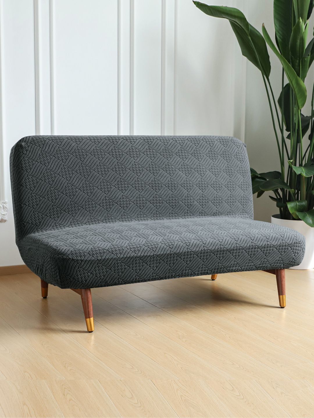 HOKIPO Dark Grey Armless Sofa Cum Bed Cover Stretchable Spandex Jacquard Futon Slipcover-image-48