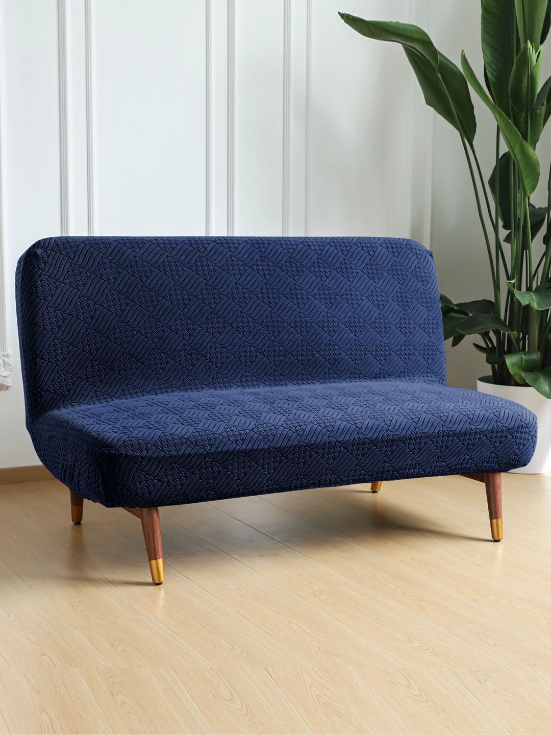 HOKIPO Navy Blue Armless Sofa Cum Bed Cover Stretchable Spandex Jacquard Futon Slipcover-picture-20