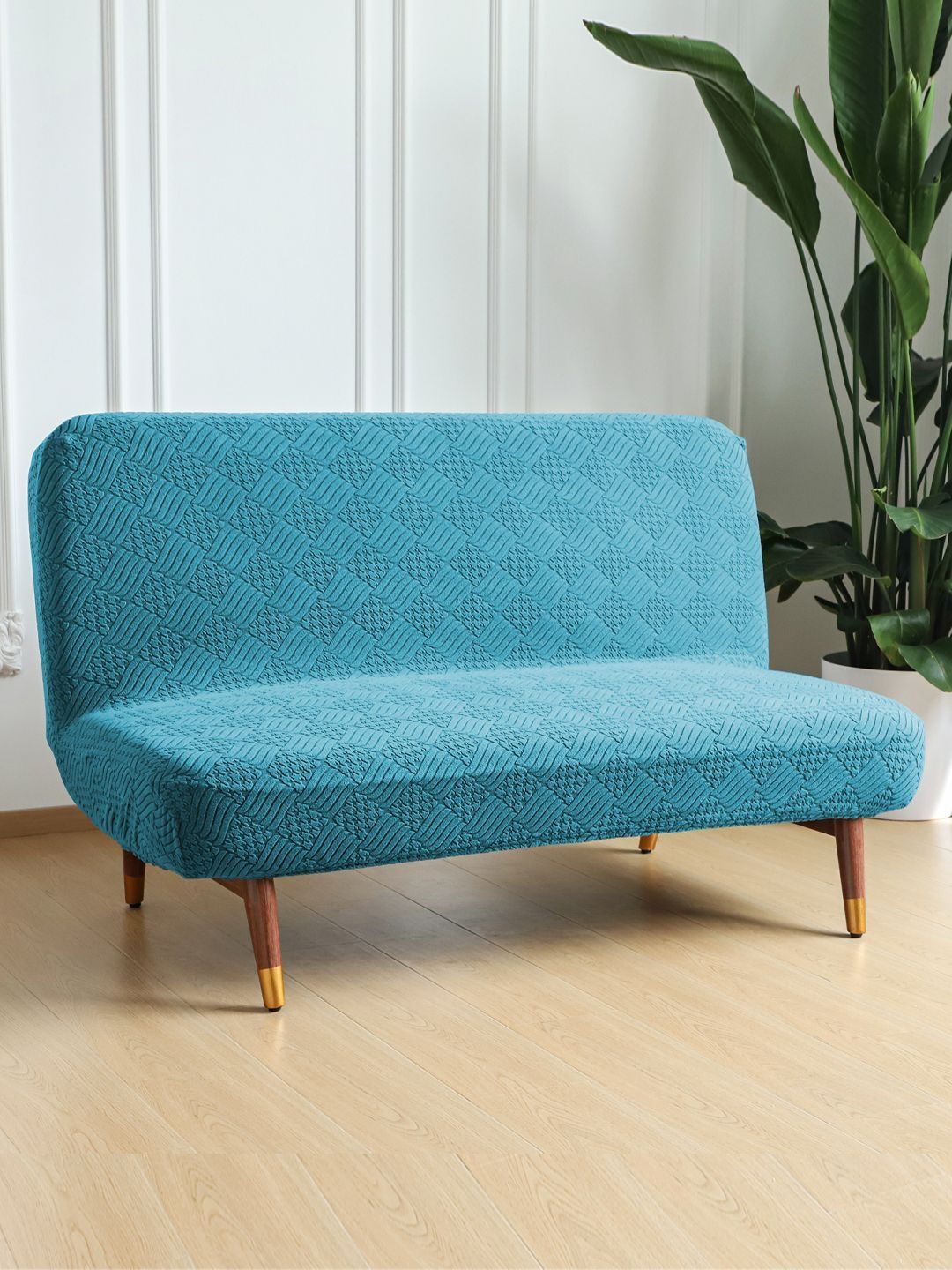 HOKIPO Turquoise Blue & Turquoise Blue Printed Jacquard 1 Piece Sofa Cover-image-39