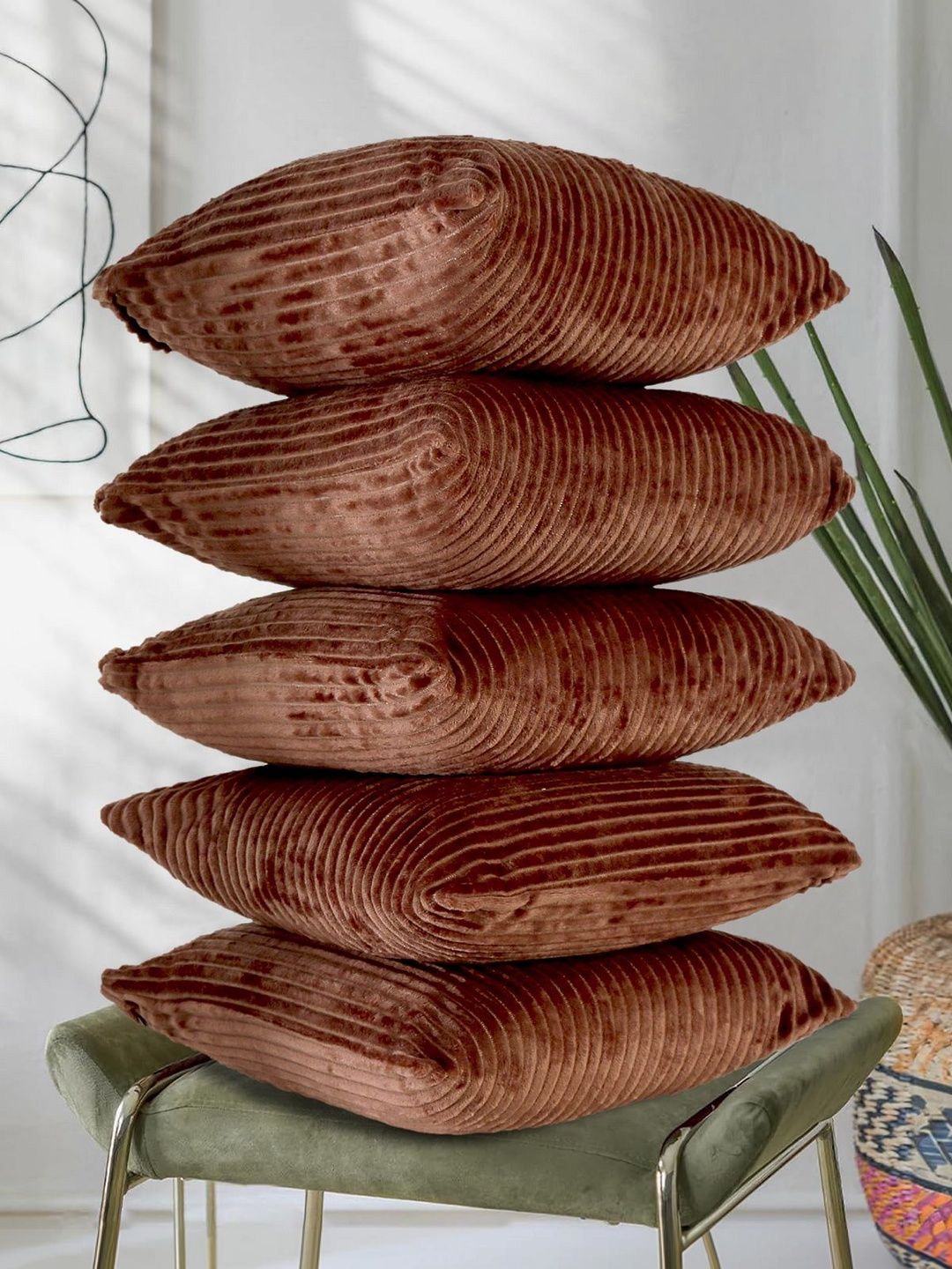 RD TREND Coffee Brown Set of 5 Striped Square Cushion Covers-image-16