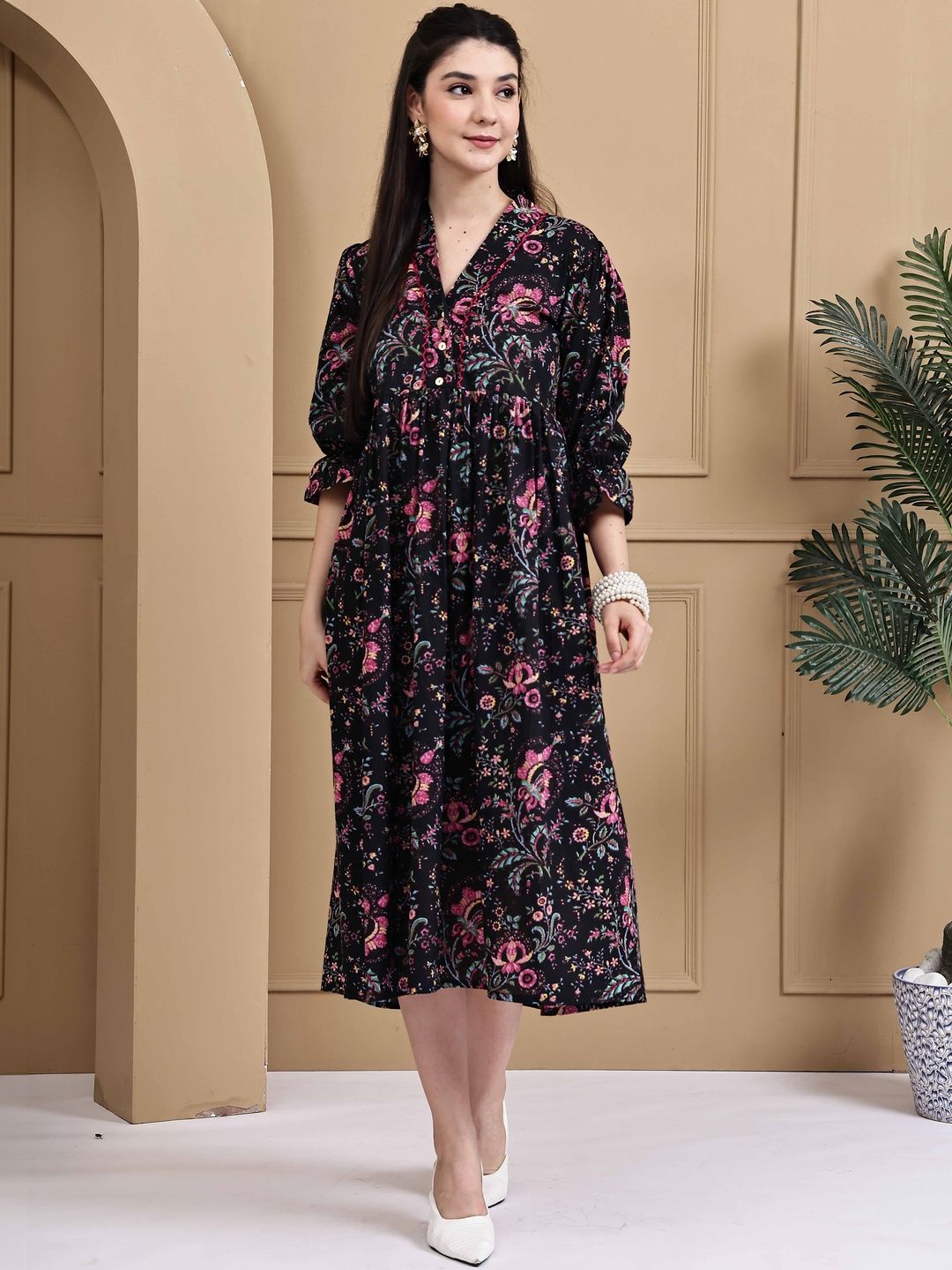 Merira Women Floral Print Flared Sleeve A-Line Midi Dress-picture-27