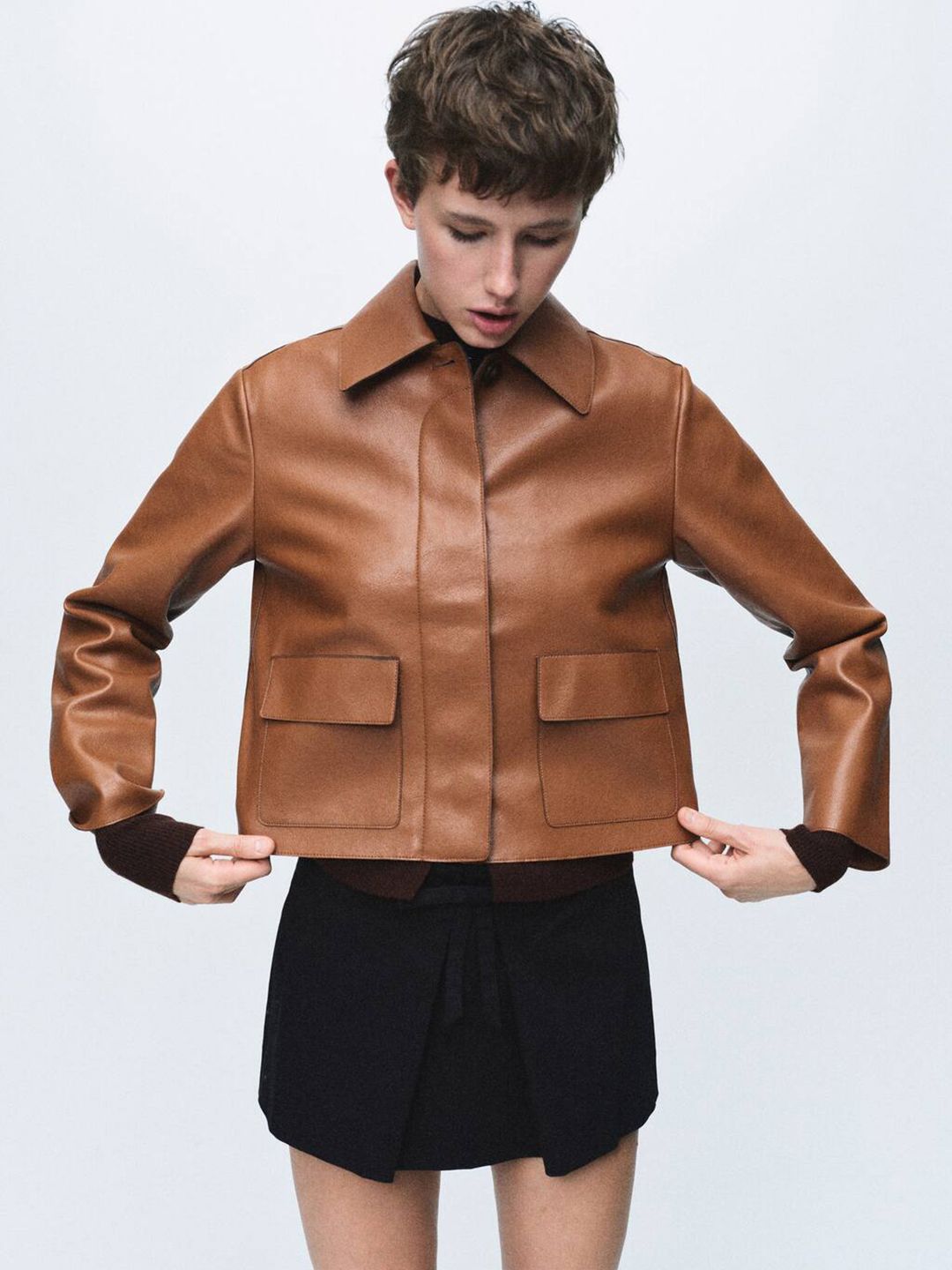 MANGO Faux Leather Crop Tailored Jacket-picture-49