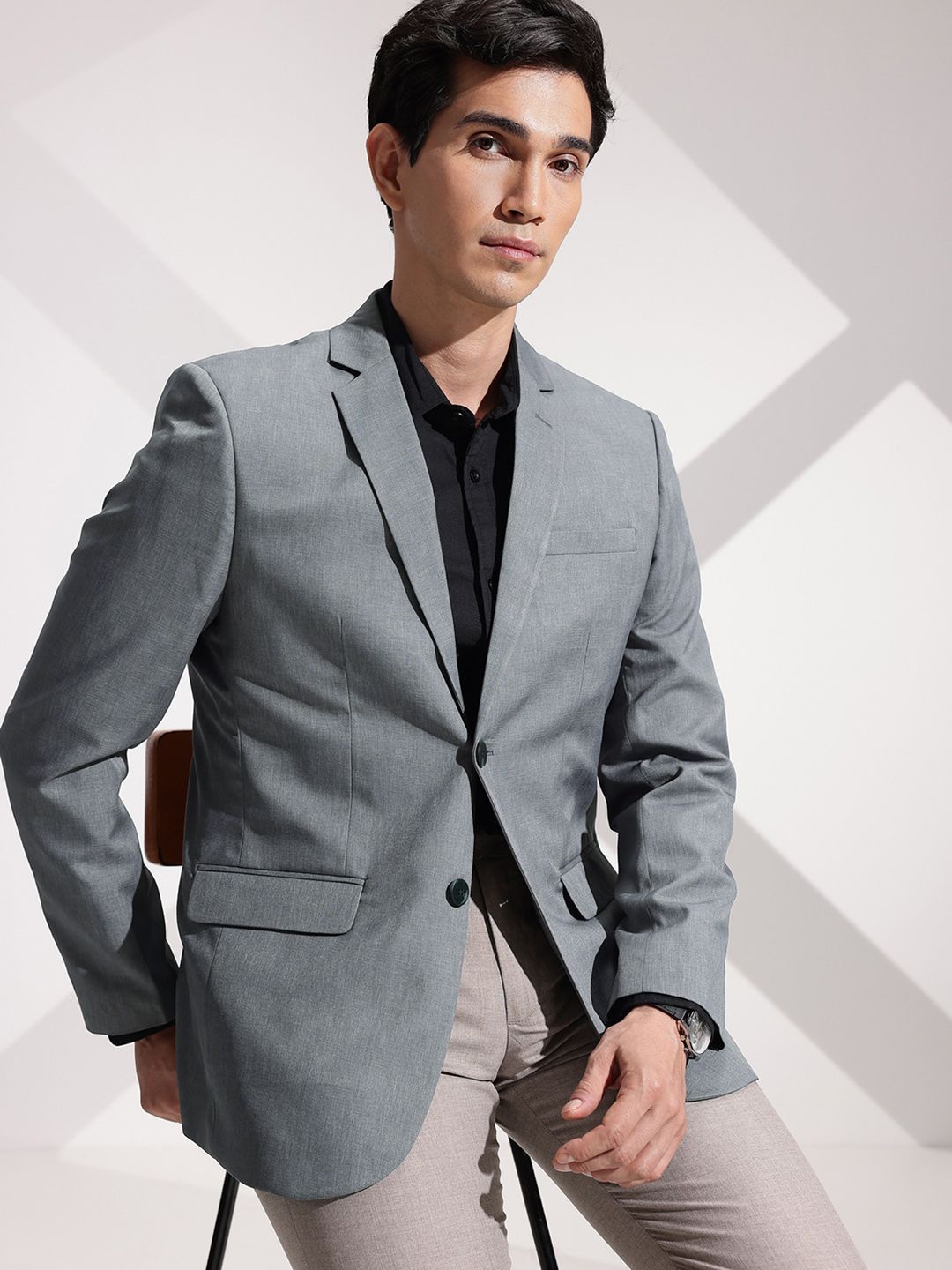 INVICTUS Slim Fit Self Design Notched Lapel Single Breasted Formal Blazer-picture-52