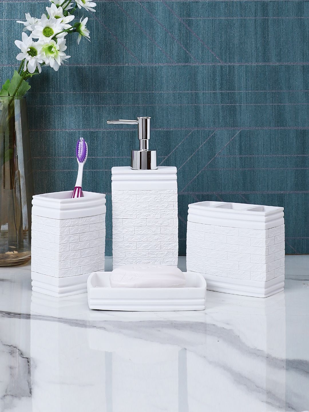 Myntra Elegant Homes Set Of 4 White Textured Serenity Bath Accessories-image-30