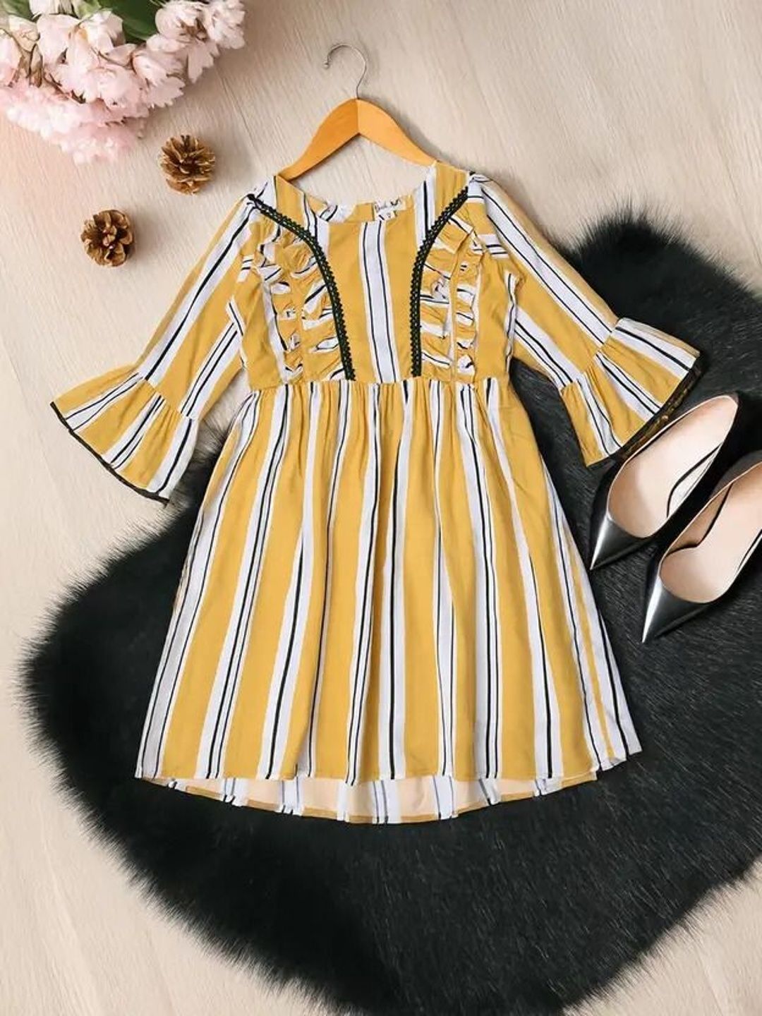 Sangria Girls Striped Cotton Round Neck Fit & Flared Knee Length Dresses-image-5