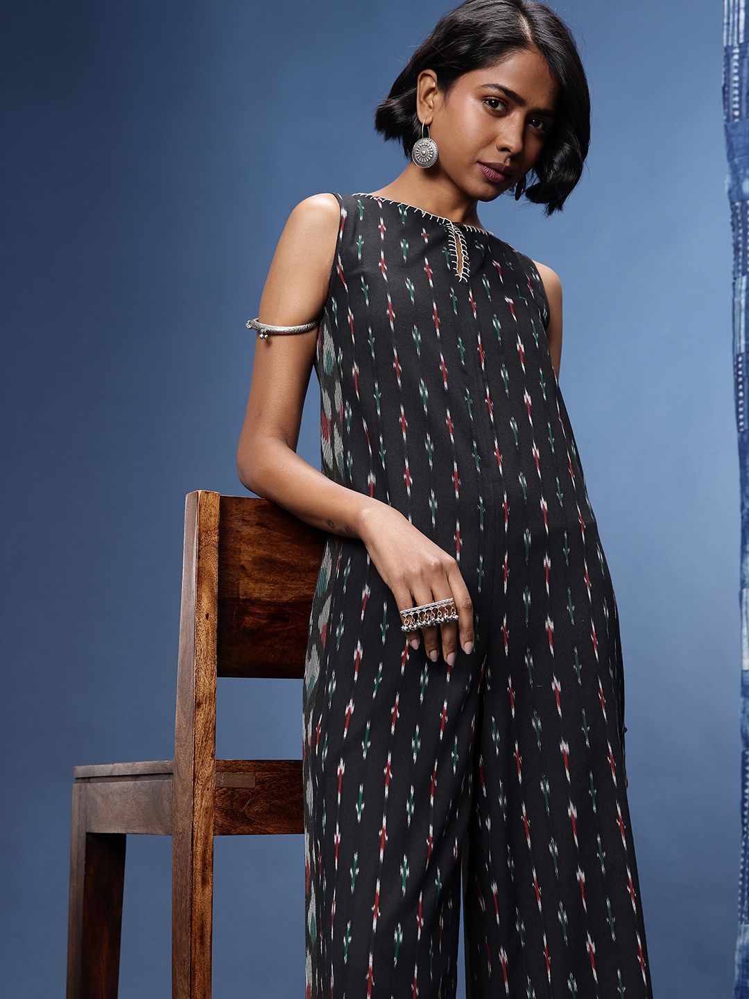 Taavi Pure Cotton Keyhole Neck Ikat Crafted Basic Jumpsuit-picture-28