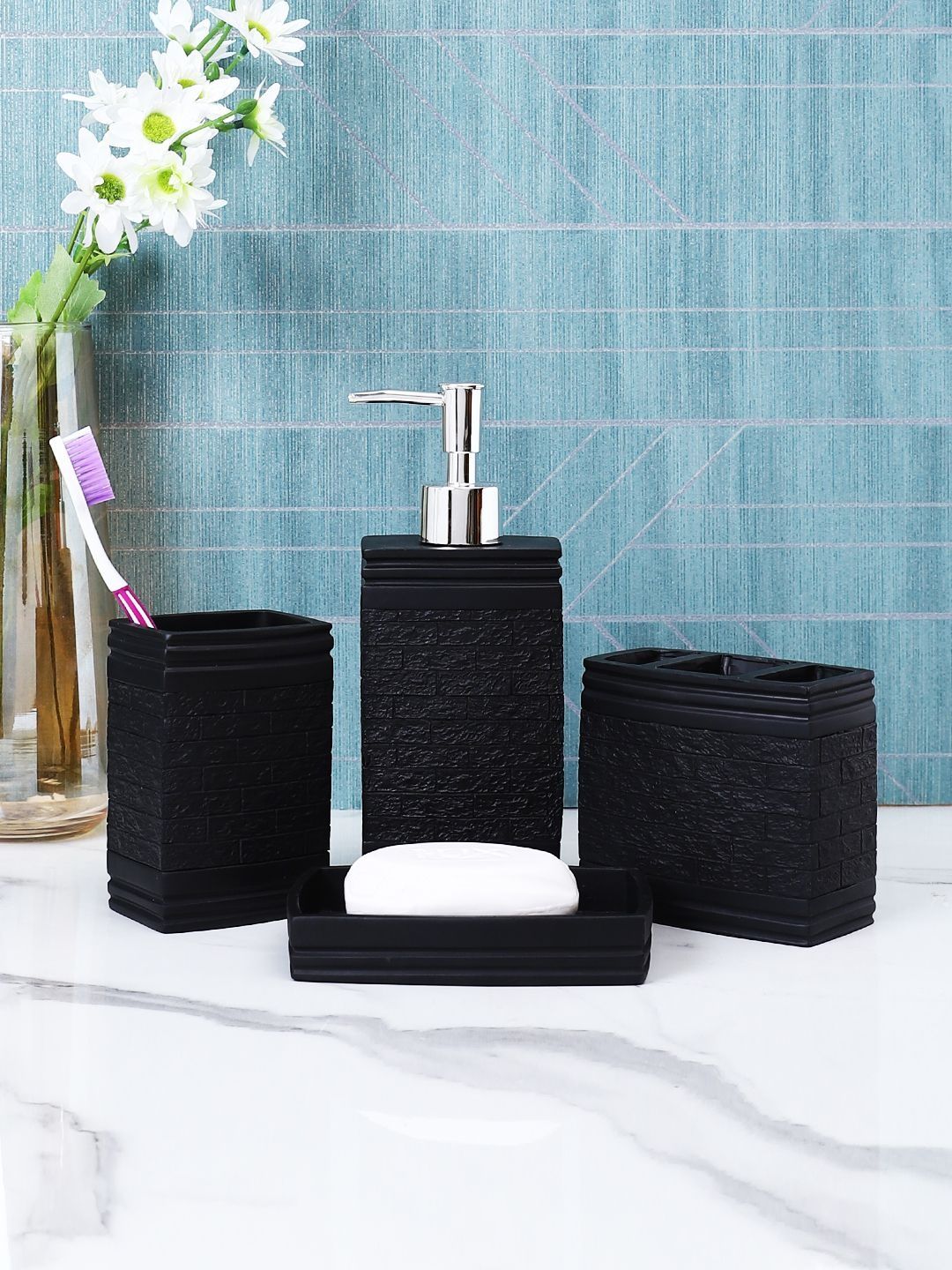 Myntra Elegant Homes 4 piece Black & Black Textured Resin Bath Accessories Set-image-4