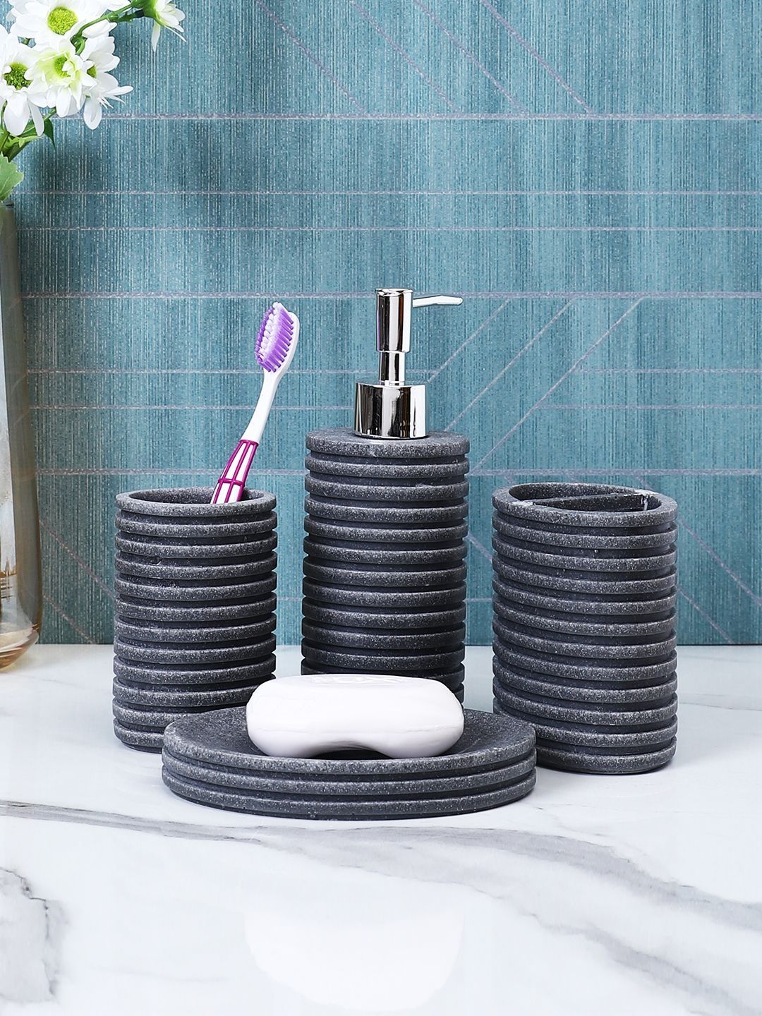 Myntra Elegant Homes Black & Grey 4 piece Textured Resin Bath Accessories Set-image-32