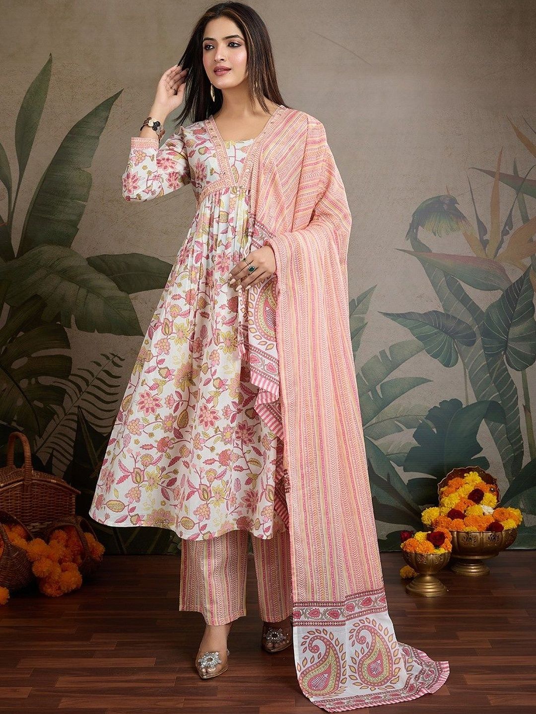 KALINI Women Floral Printed Empire Sequinned Kurta with Palazzos & With Dupatta-image-22