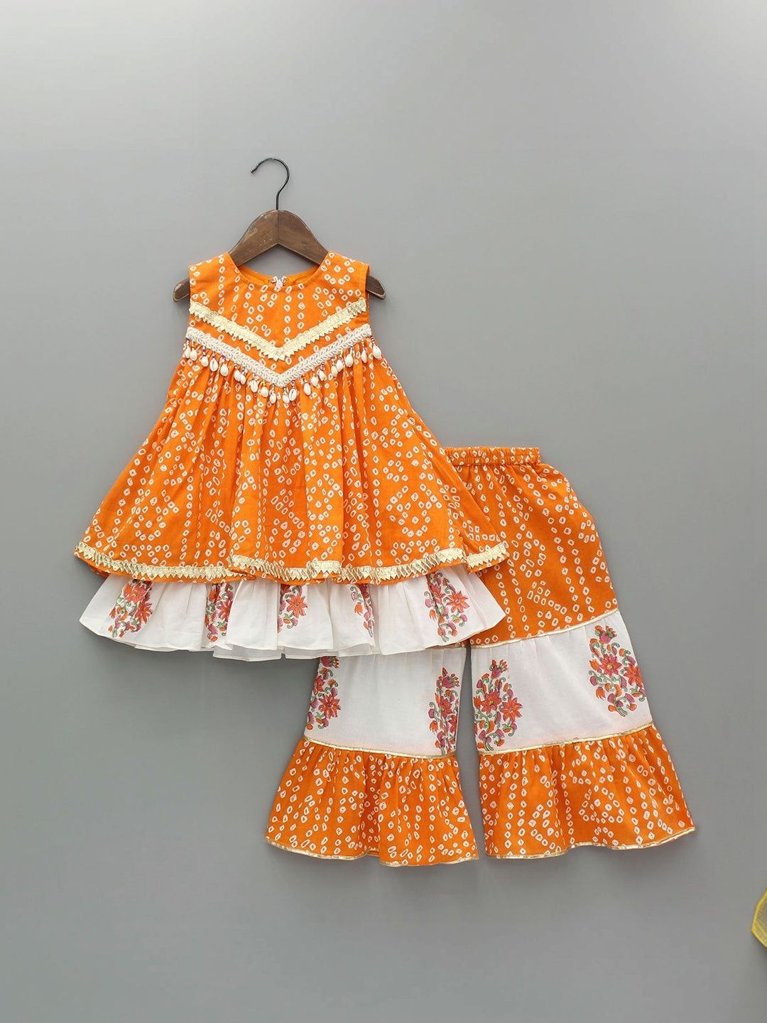 YK Girls Ethnic Motifs Printed Tiered Gotta Patti Kurta with Sharara-picture-47