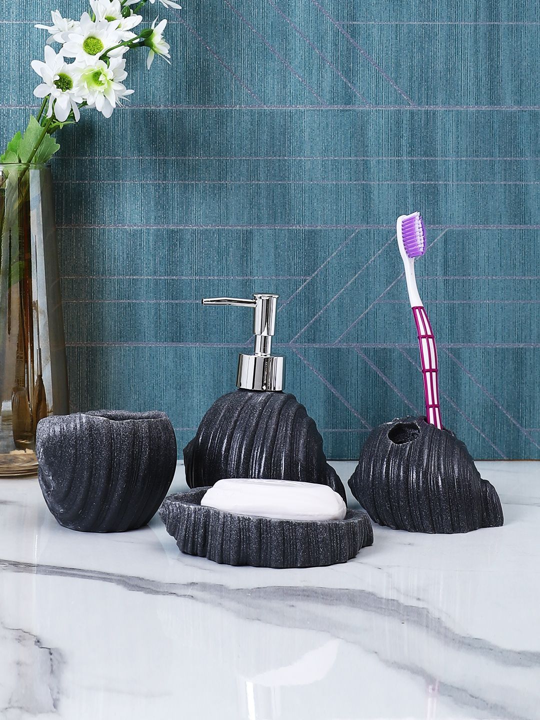 Myntra Elegant Homes Set Of 4 Grey Shell Serenity Bath Accessories-image-31