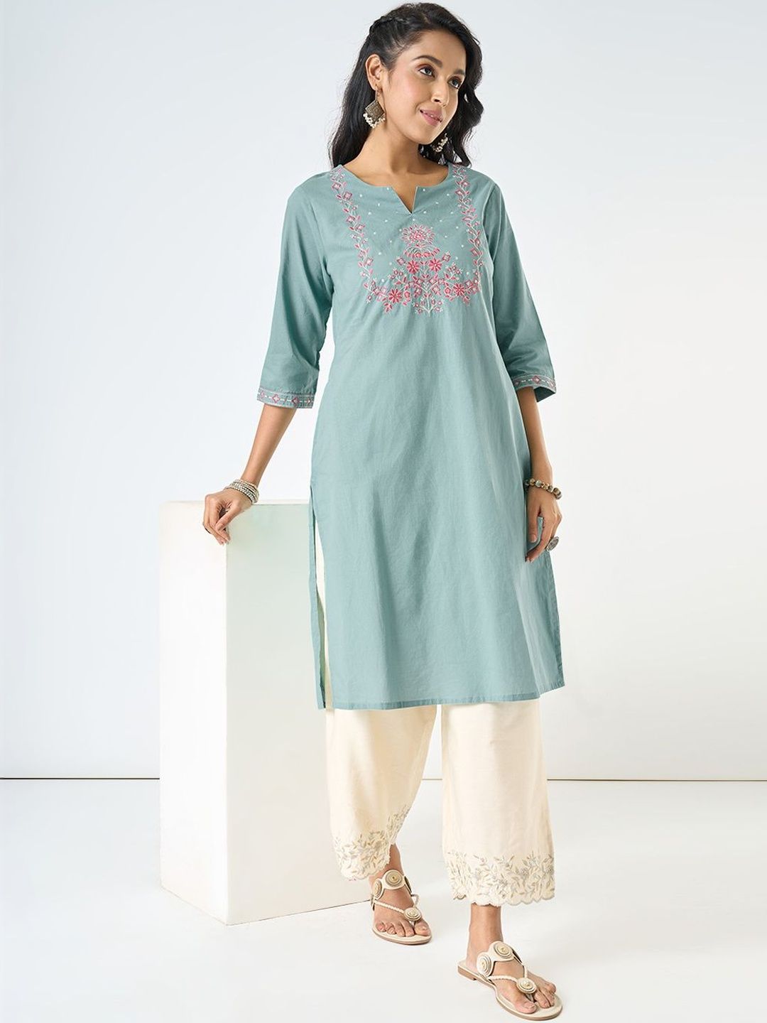 RANGMANCH BY PANTALOONS Women Embroidered Flared Sleeves Thread Work Kurta-picture-37