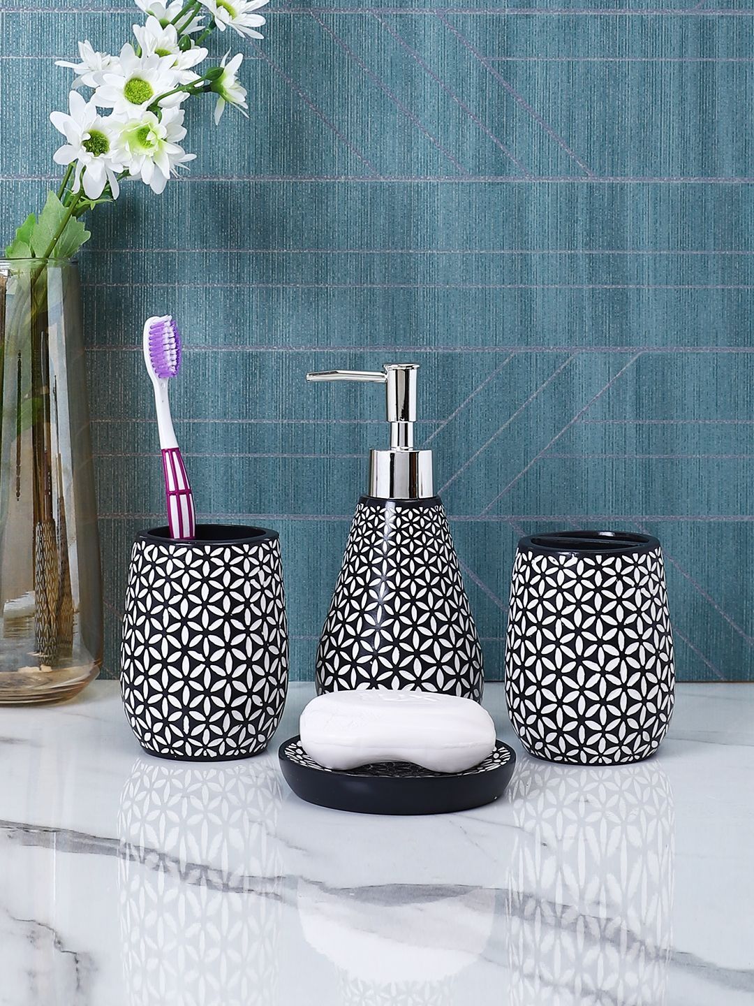 Myntra Elegant Homes 4 Pieces Black & White Geometric Resin Bath Accessories Set-image-33